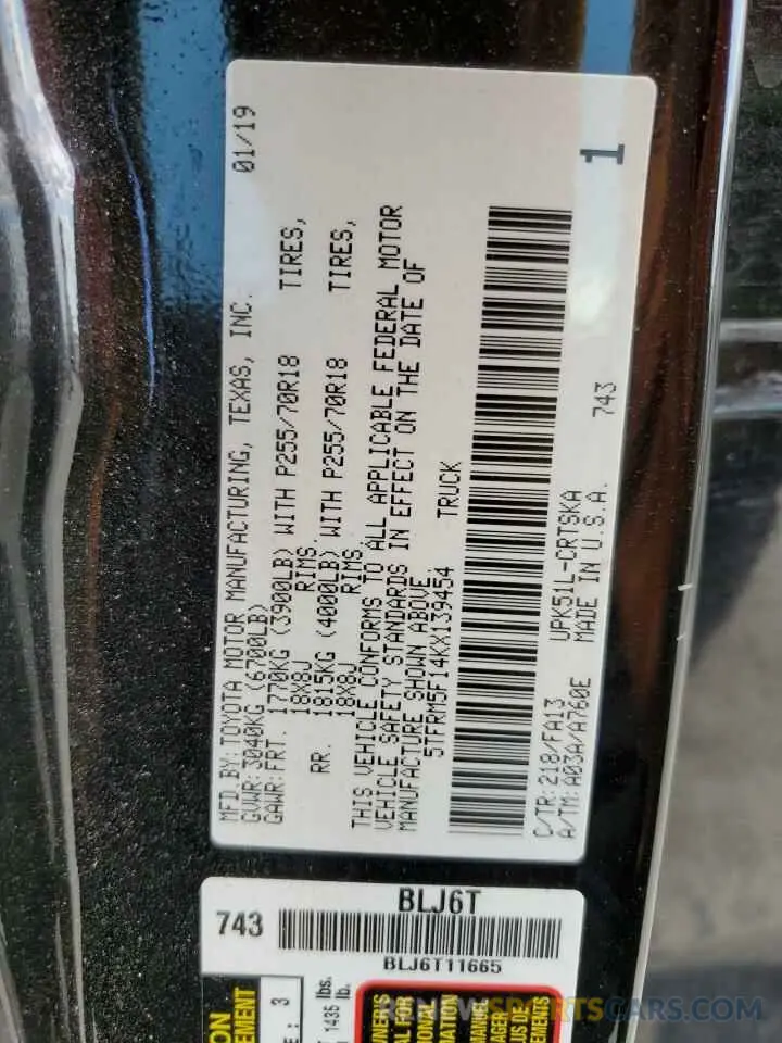 12 Photograph of a damaged car 5TFRM5F14KX139454 TOYOTA TUNDRA 2019
