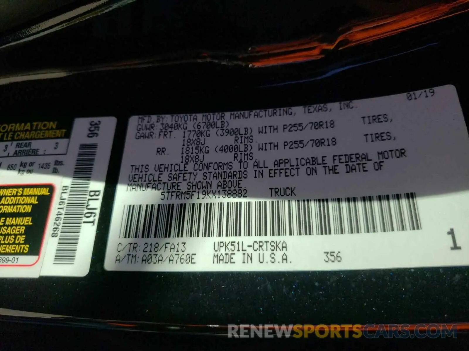 10 Photograph of a damaged car 5TFRM5F19KX138882 TOYOTA TUNDRA 2019