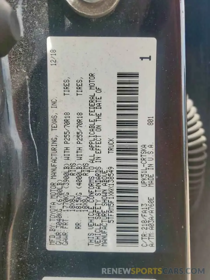 13 Photograph of a damaged car 5TFRM5F1XKX138549 TOYOTA TUNDRA 2019