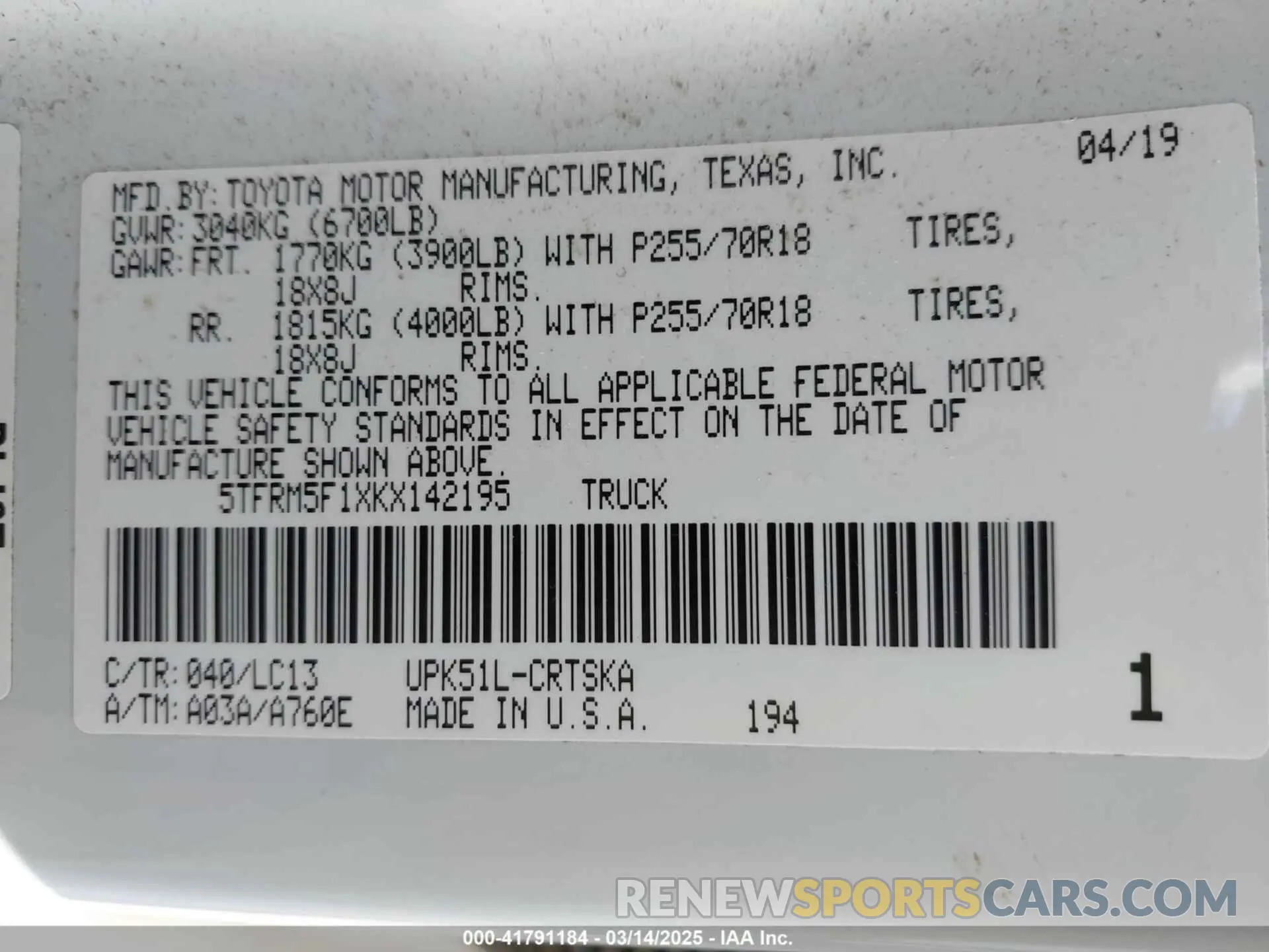 9 Photograph of a damaged car 5TFRM5F1XKX142195 TOYOTA TUNDRA 2019