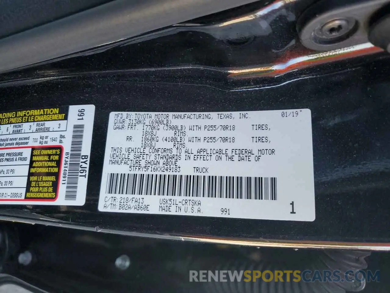 12 Photograph of a damaged car 5TFRY5F16KX249183 TOYOTA TUNDRA 2019