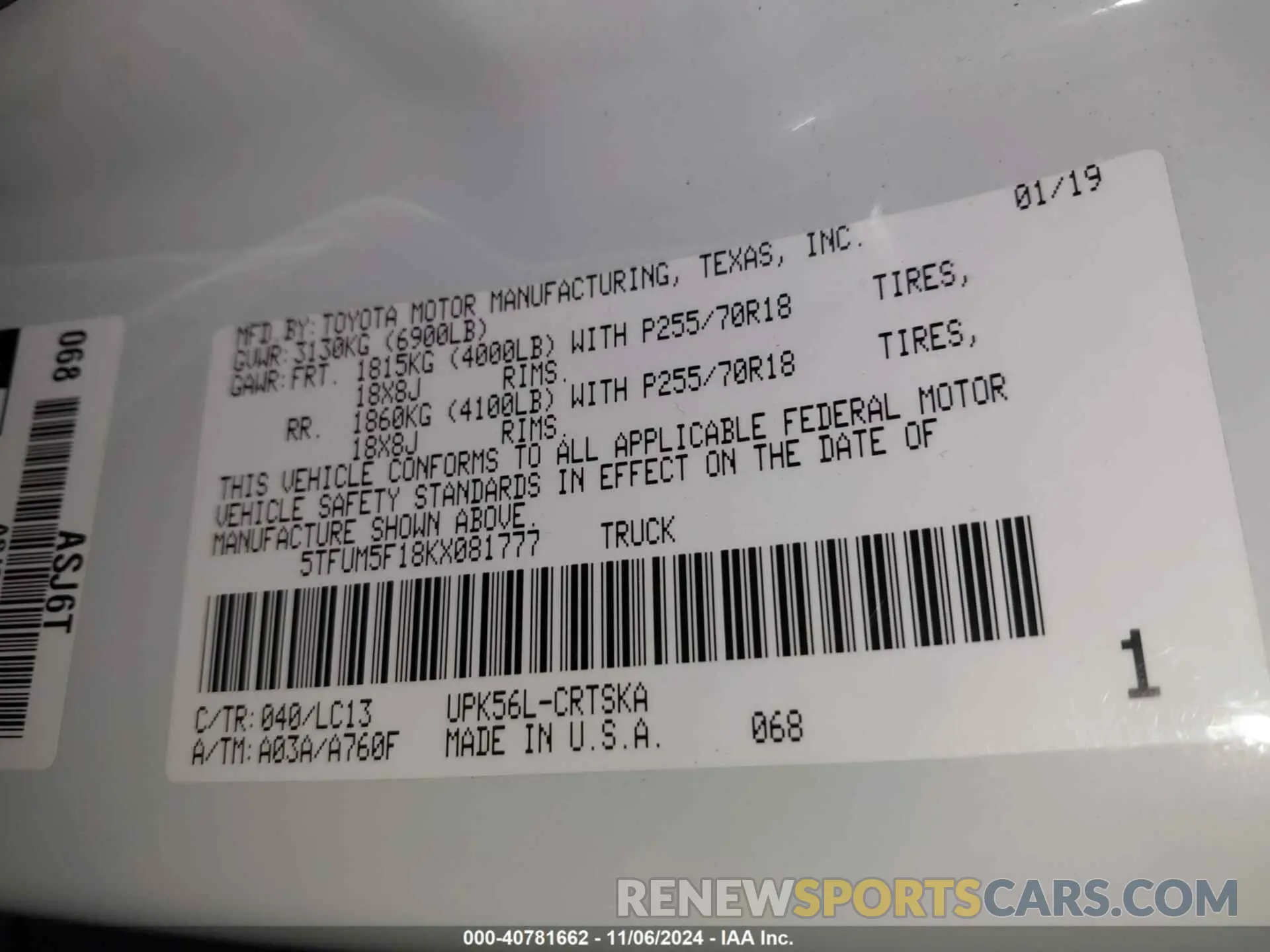 9 Photograph of a damaged car 5TFUM5F18KX081777 TOYOTA TUNDRA 2019