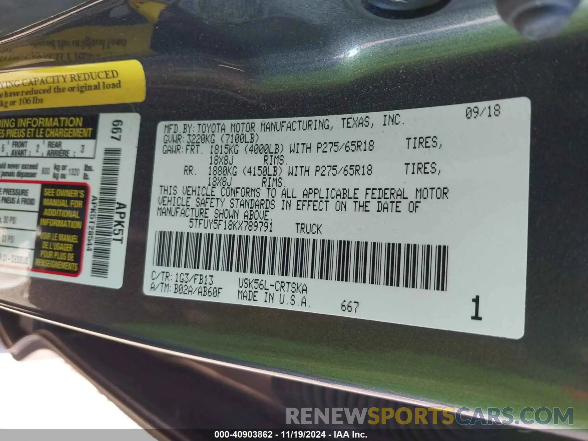 9 Photograph of a damaged car 5TFUY5F18KX789791 TOYOTA TUNDRA 2019