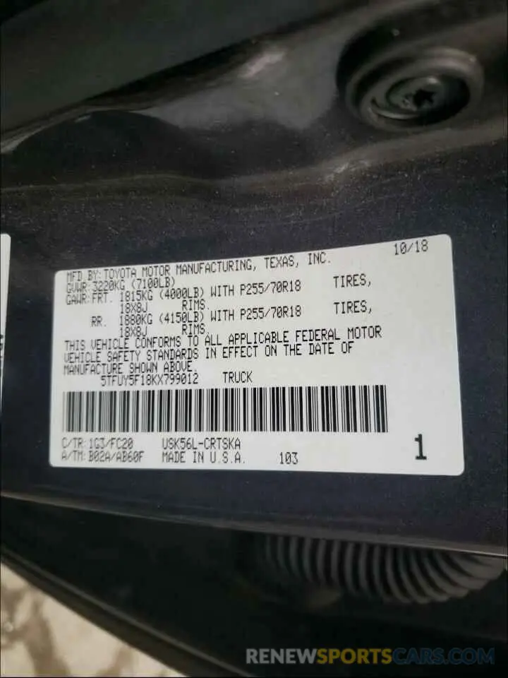 10 Photograph of a damaged car 5TFUY5F18KX799012 TOYOTA TUNDRA 2019