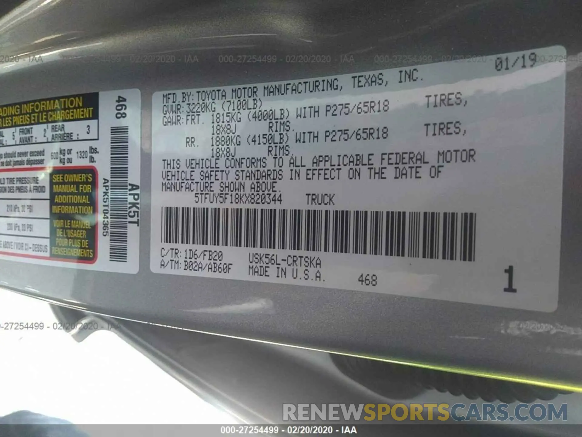 9 Photograph of a damaged car 5TFUY5F18KX820344 TOYOTA TUNDRA 2019