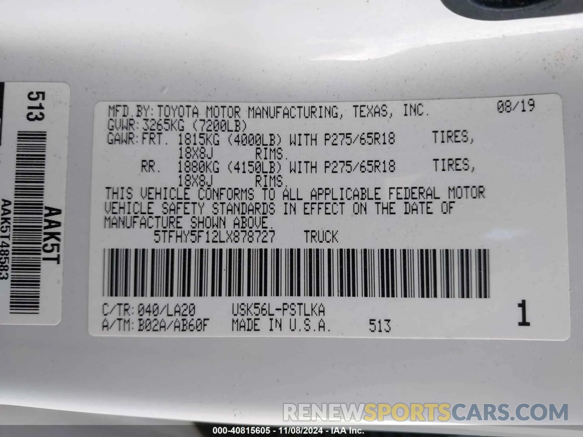 9 Photograph of a damaged car 5TFHY5F12LX878727 TOYOTA TUNDRA 2020