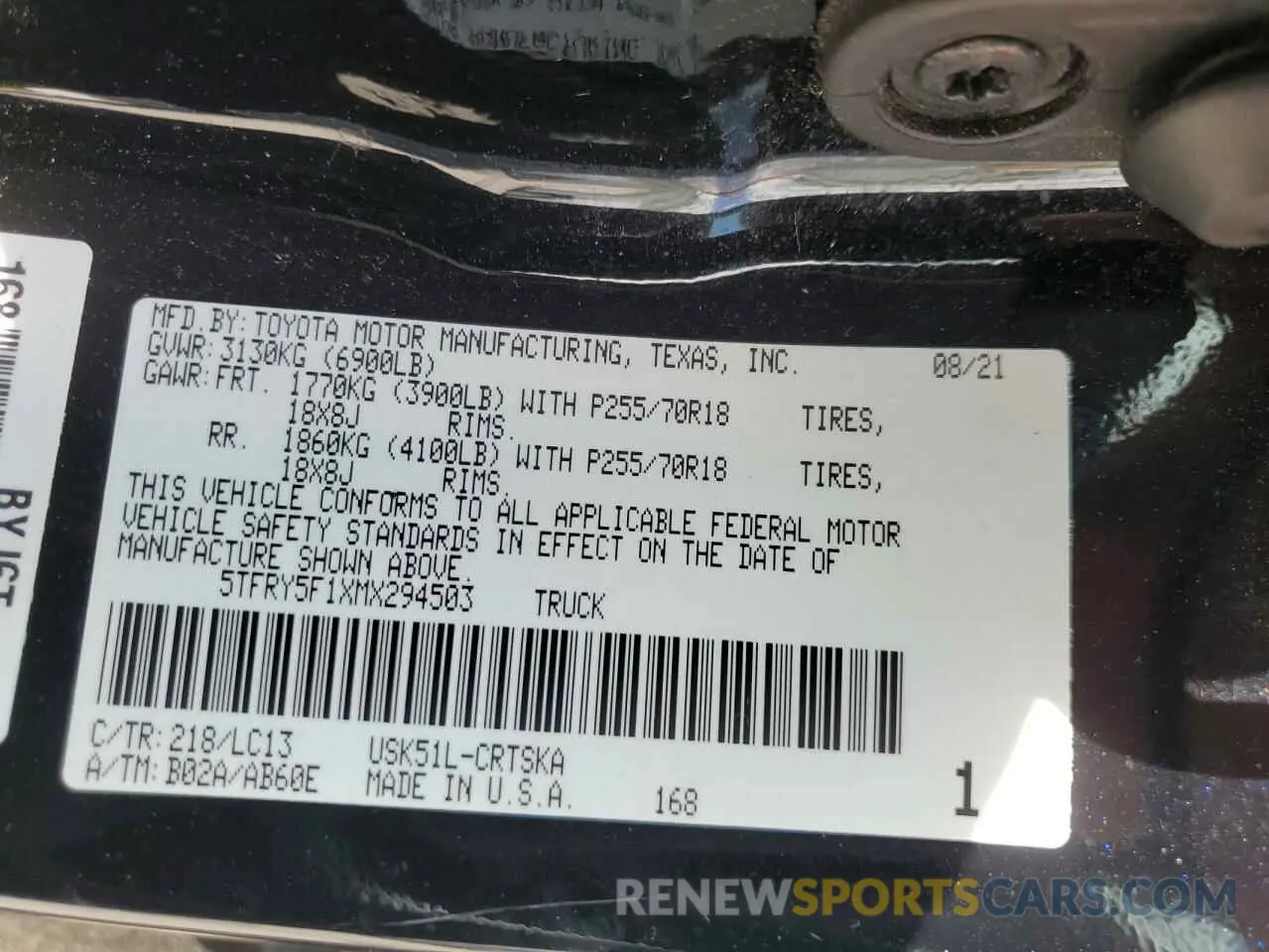 13 Photograph of a damaged car 5TFRY5F1XMX294503 TOYOTA TUNDRA 2021