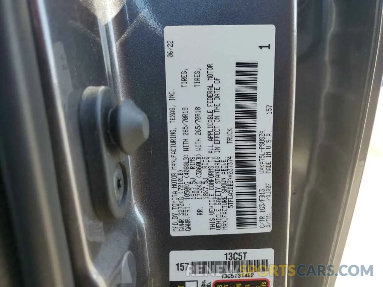 13 Photograph of a damaged car 5TFLA5DB2NX037374 TOYOTA TUNDRA 2022