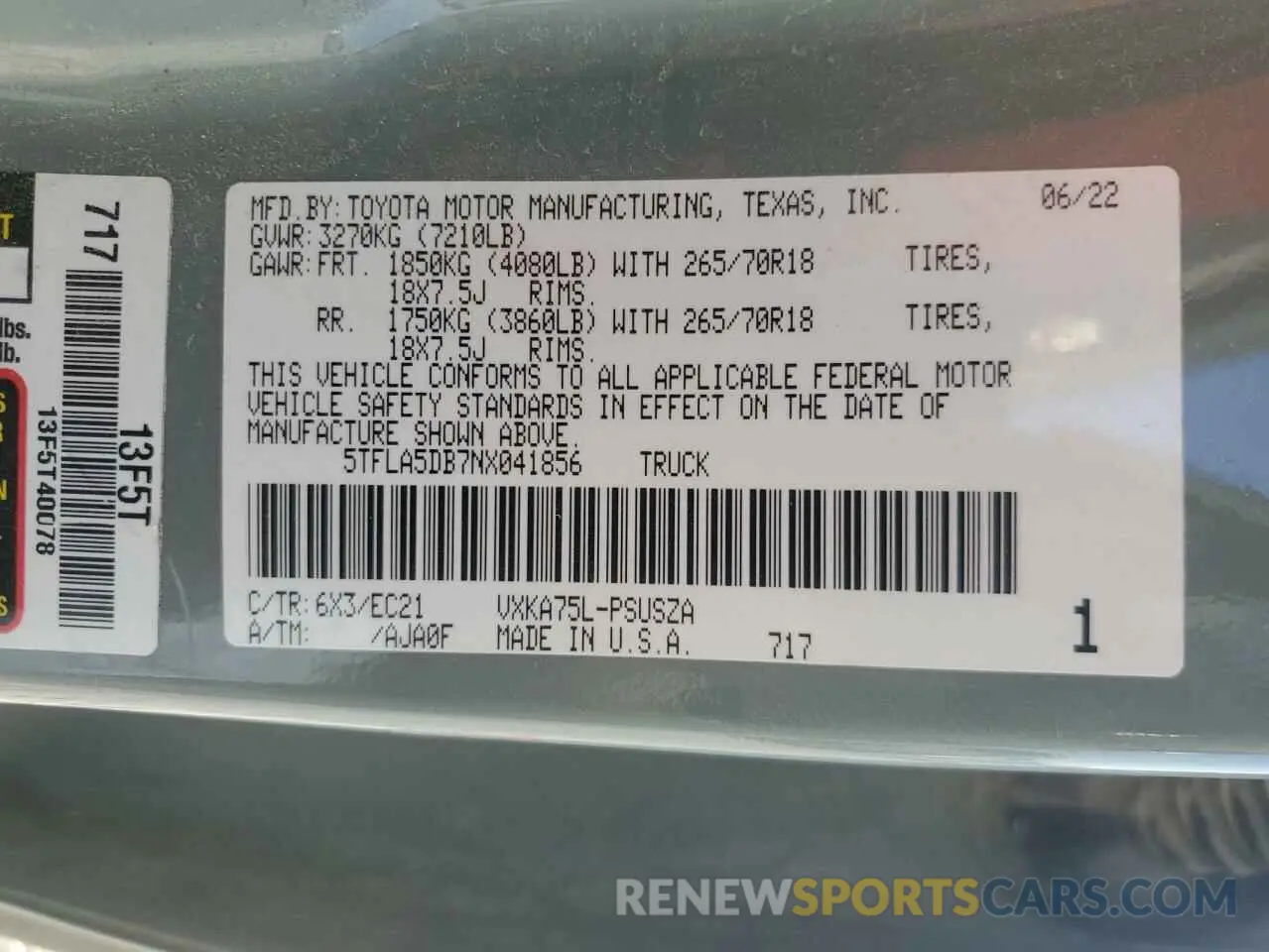 12 Photograph of a damaged car 5TFLA5DB7NX041856 TOYOTA TUNDRA 2022