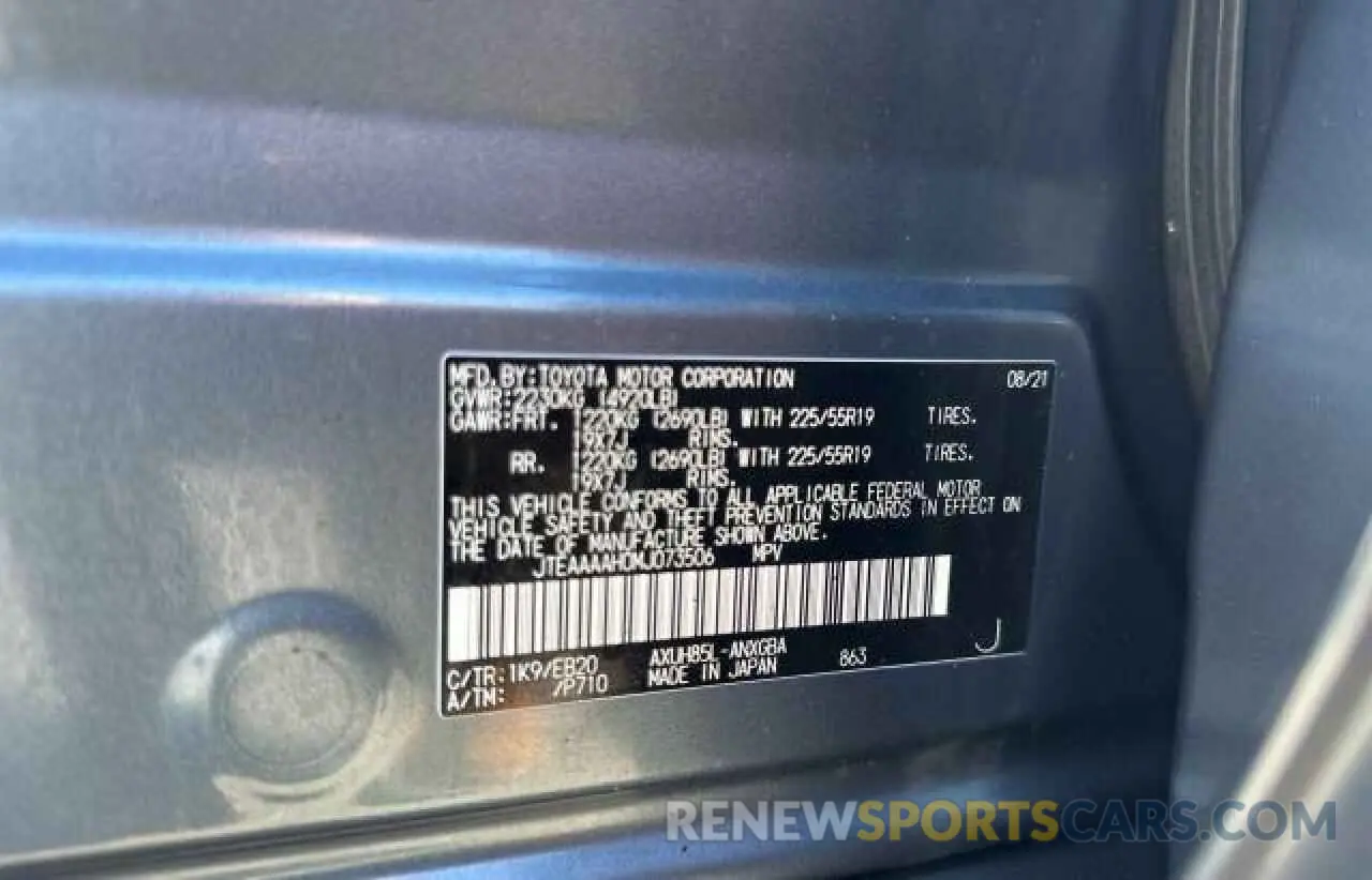 10 Photograph of a damaged car JTEAAAAH0MJ073506 TOYOTA VENZA 2021