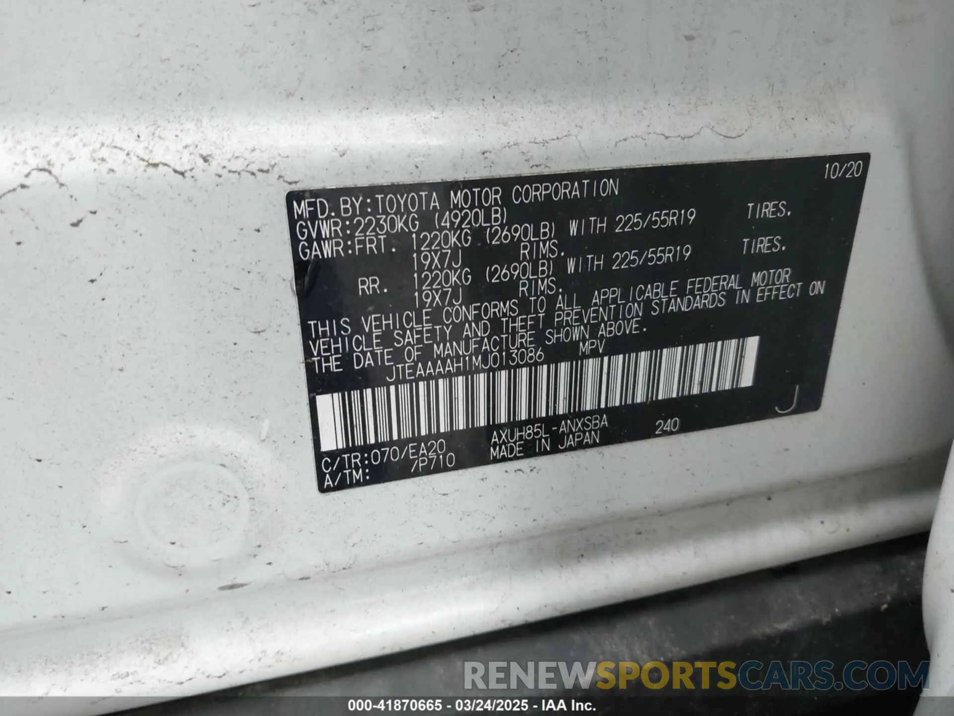 9 Photograph of a damaged car JTEAAAAH1MJ013086 TOYOTA VENZA 2021