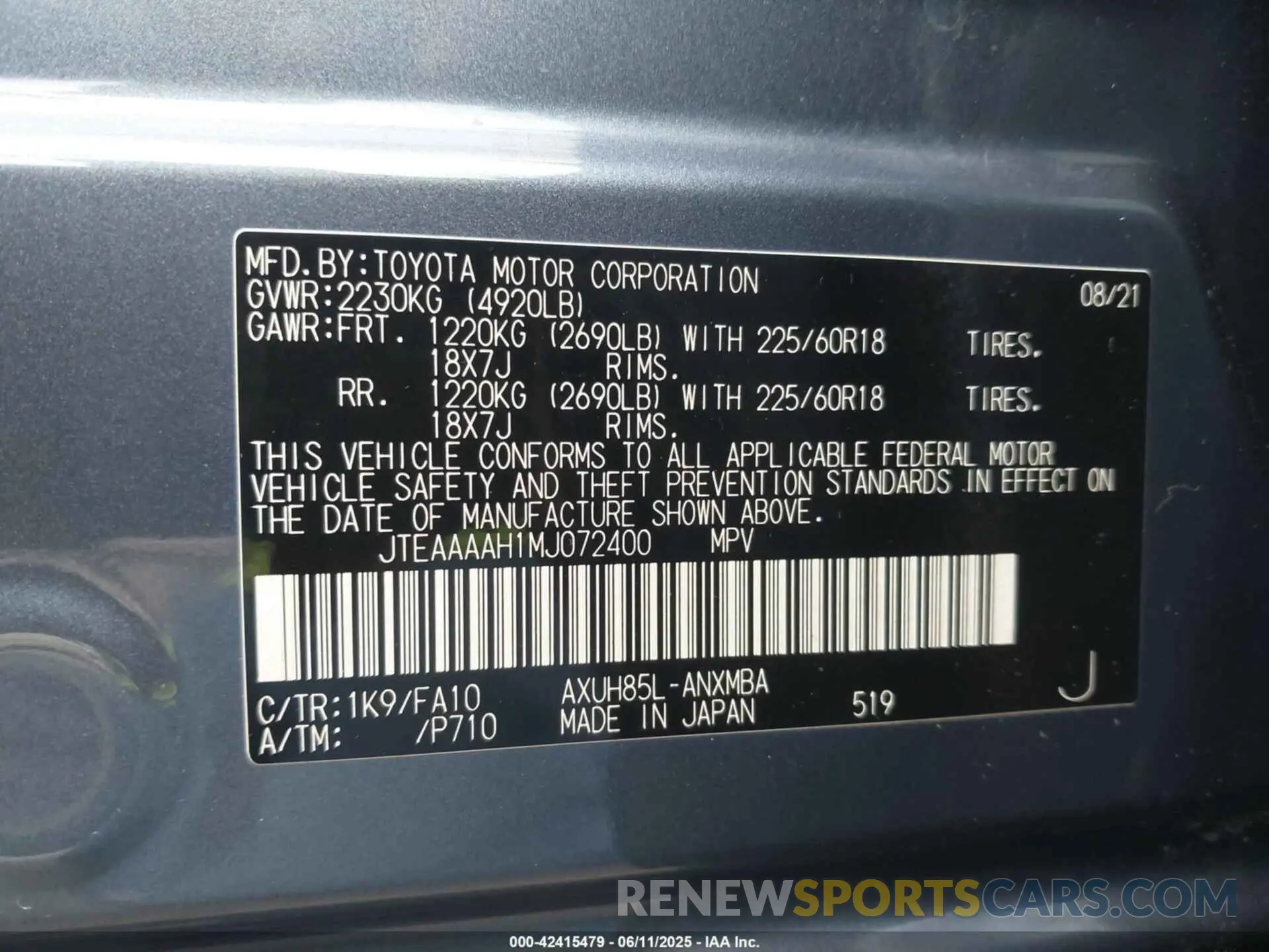 9 Photograph of a damaged car JTEAAAAH1MJ072400 TOYOTA VENZA 2021
