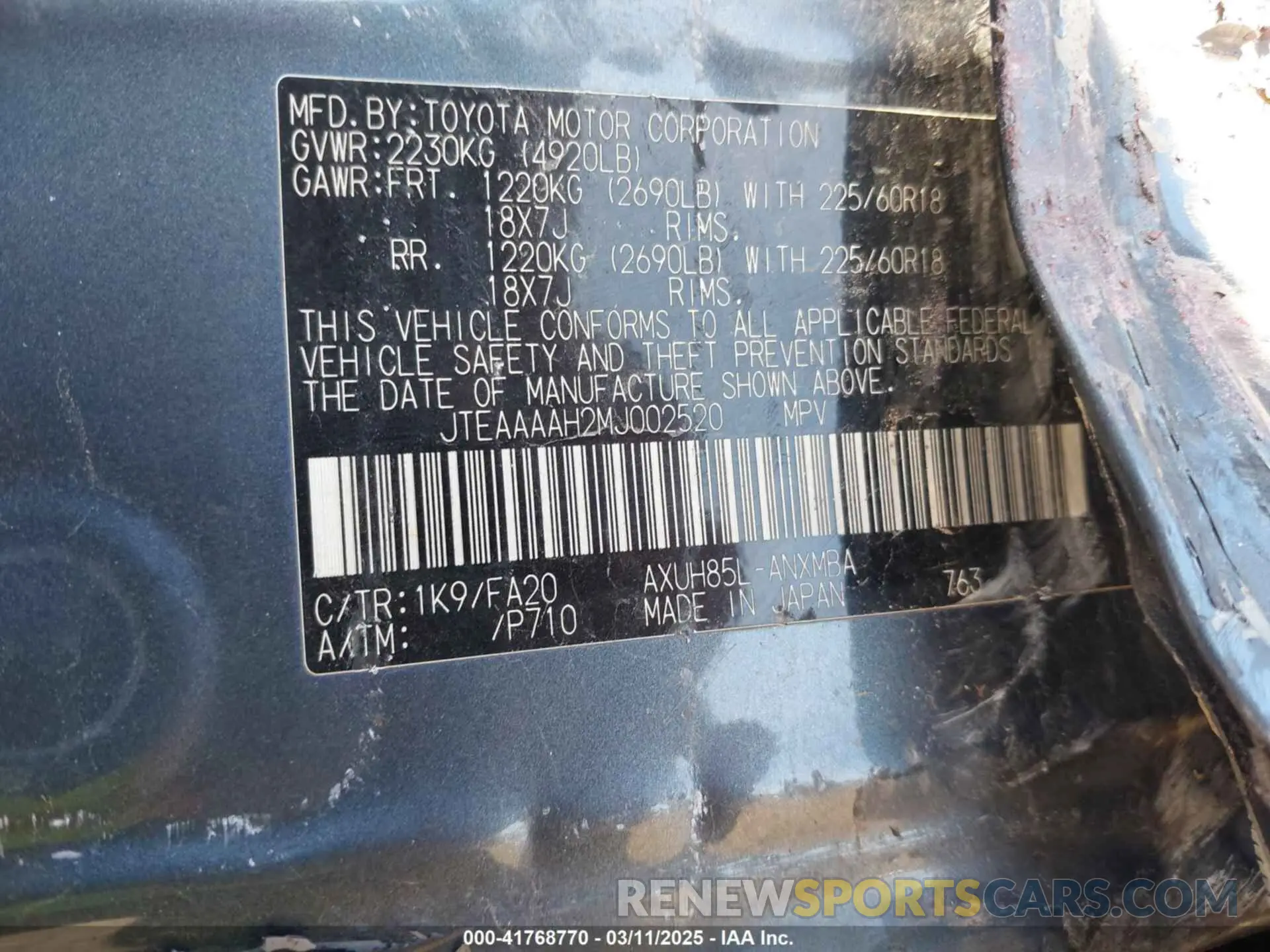 9 Photograph of a damaged car JTEAAAAH2MJ002520 TOYOTA VENZA 2021