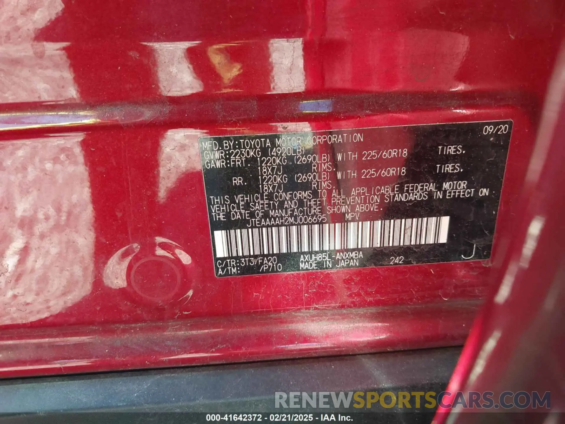 9 Photograph of a damaged car JTEAAAAH2MJ006695 TOYOTA VENZA 2021