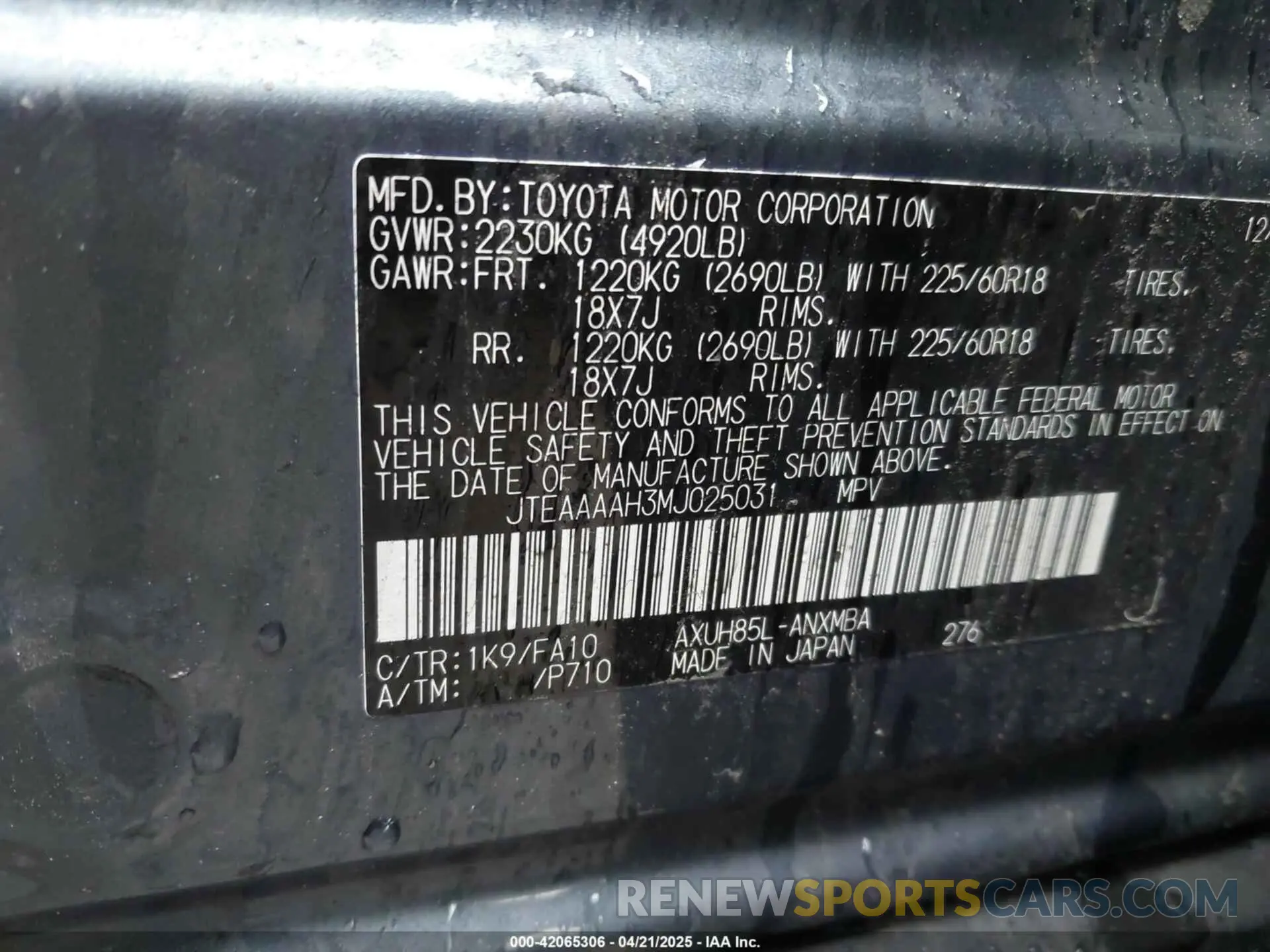 9 Photograph of a damaged car JTEAAAAH3MJ025031 TOYOTA VENZA 2021