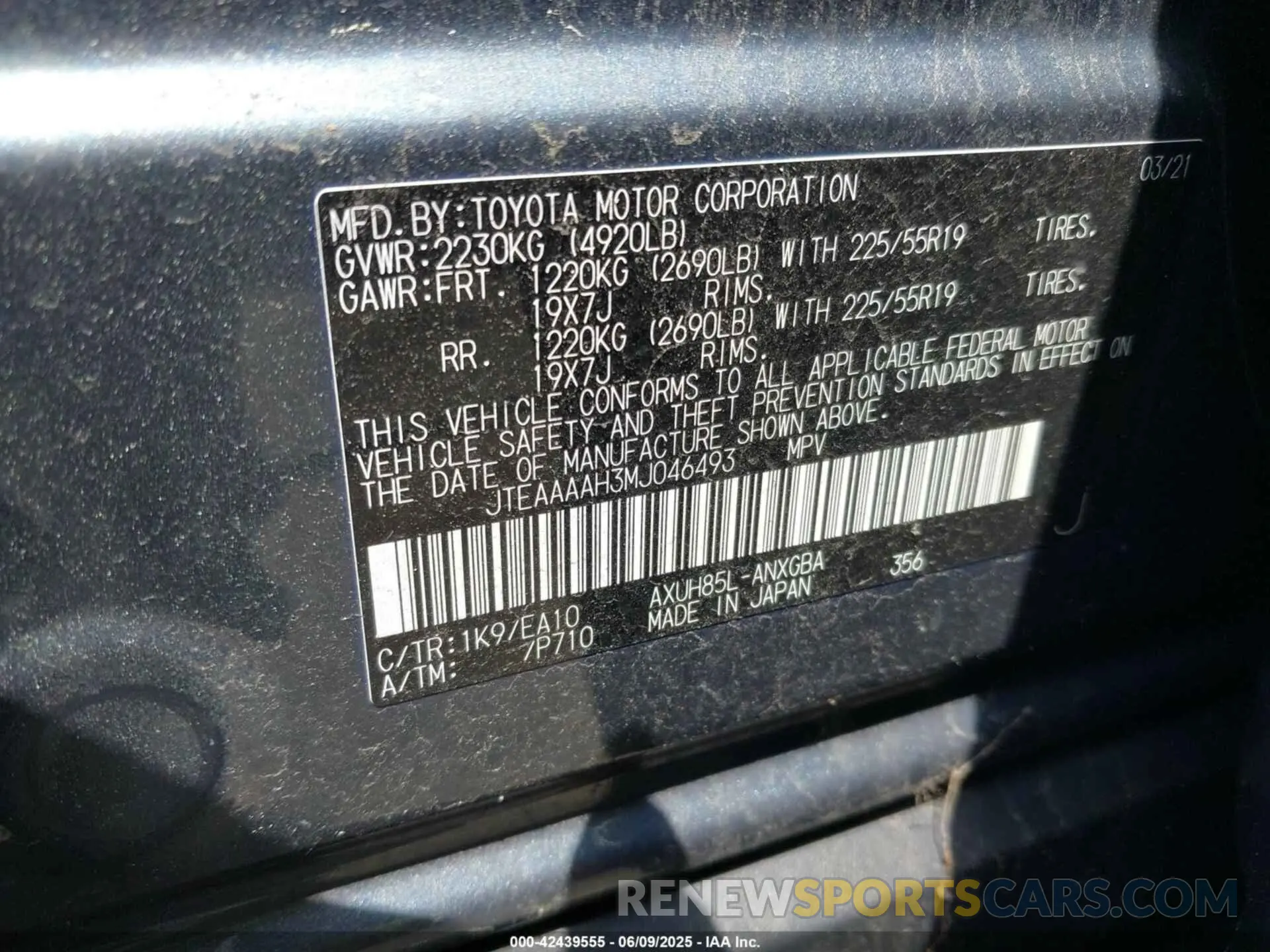 9 Photograph of a damaged car JTEAAAAH3MJ046493 TOYOTA VENZA 2021