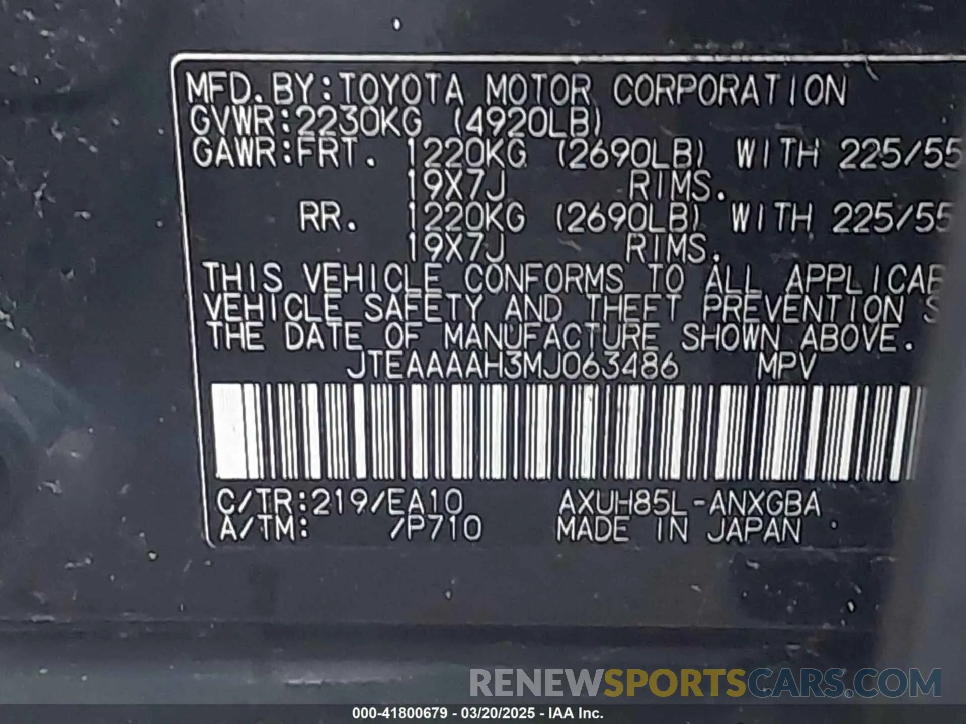 9 Photograph of a damaged car JTEAAAAH3MJ063486 TOYOTA VENZA 2021