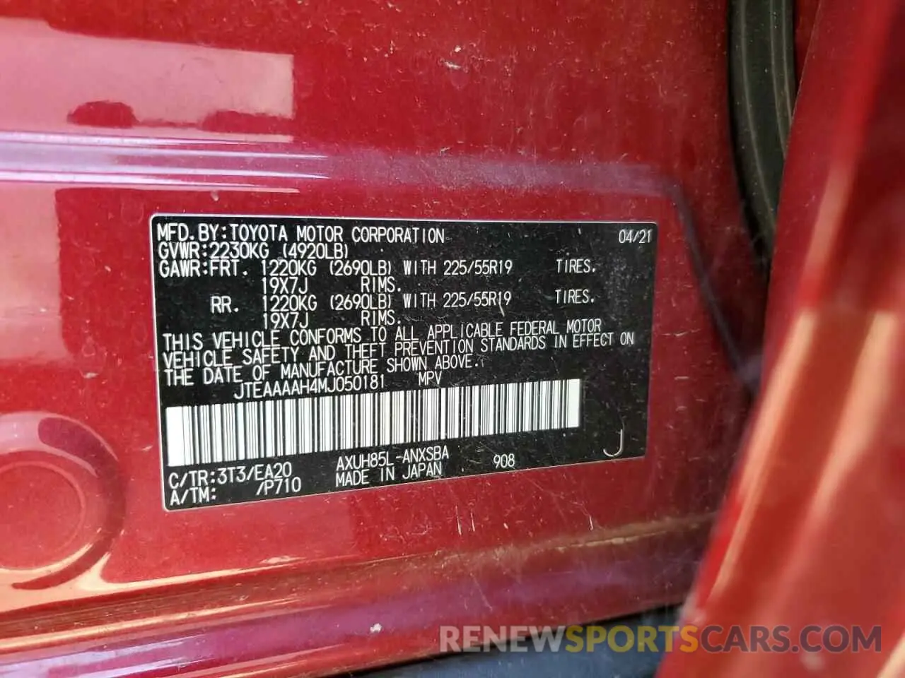 13 Photograph of a damaged car JTEAAAAH4MJ050181 TOYOTA VENZA 2021
