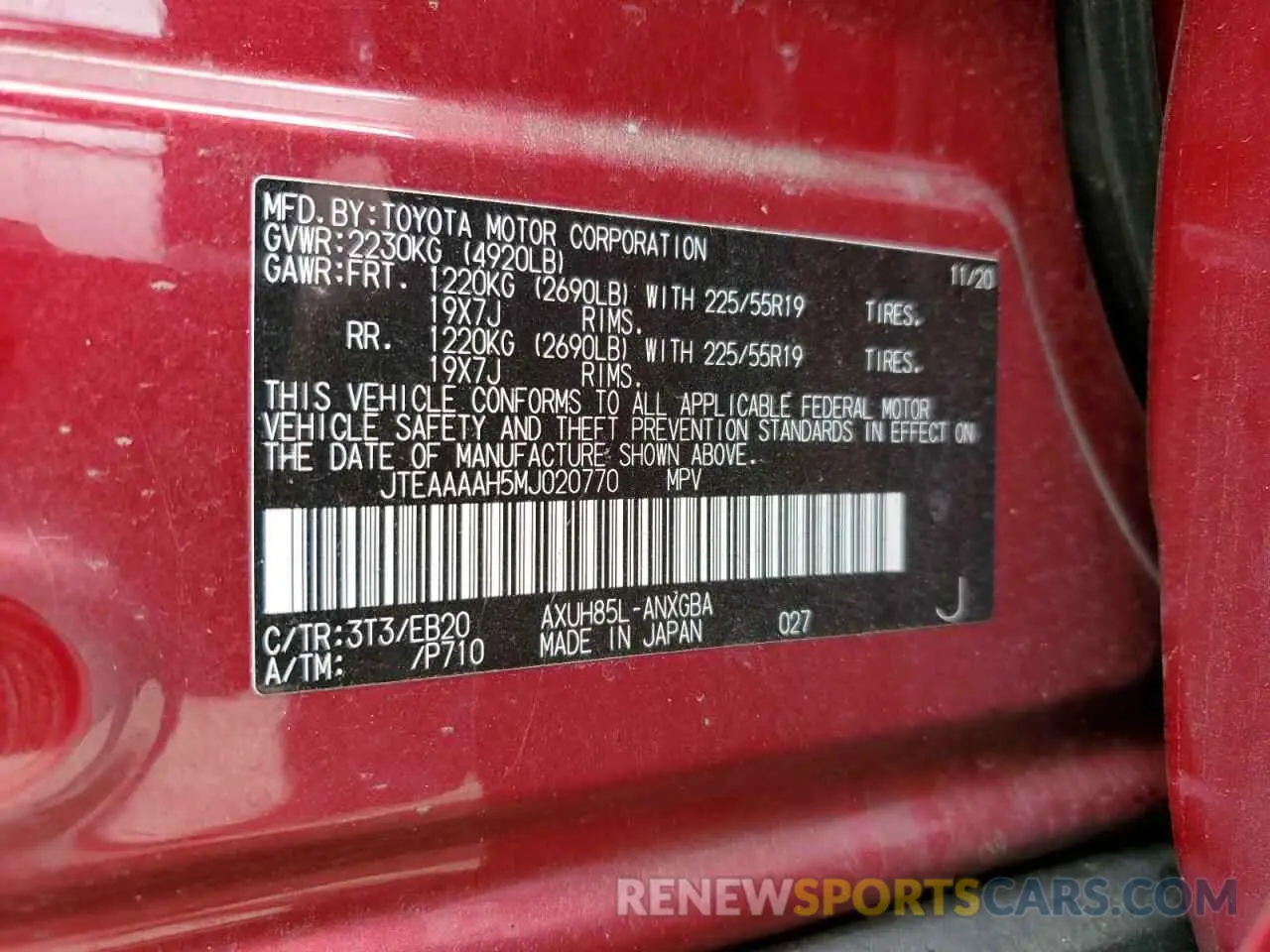 10 Photograph of a damaged car JTEAAAAH5MJ020770 TOYOTA VENZA 2021