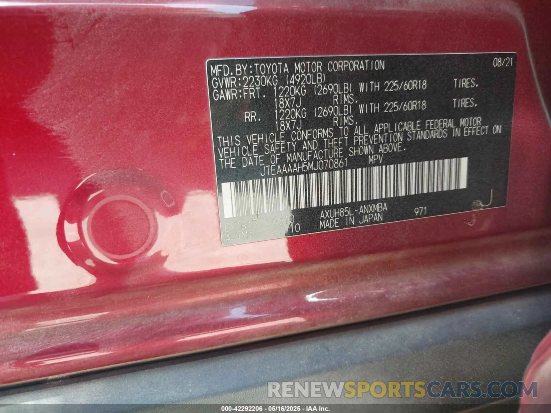 9 Photograph of a damaged car JTEAAAAH5MJ070861 TOYOTA VENZA 2021