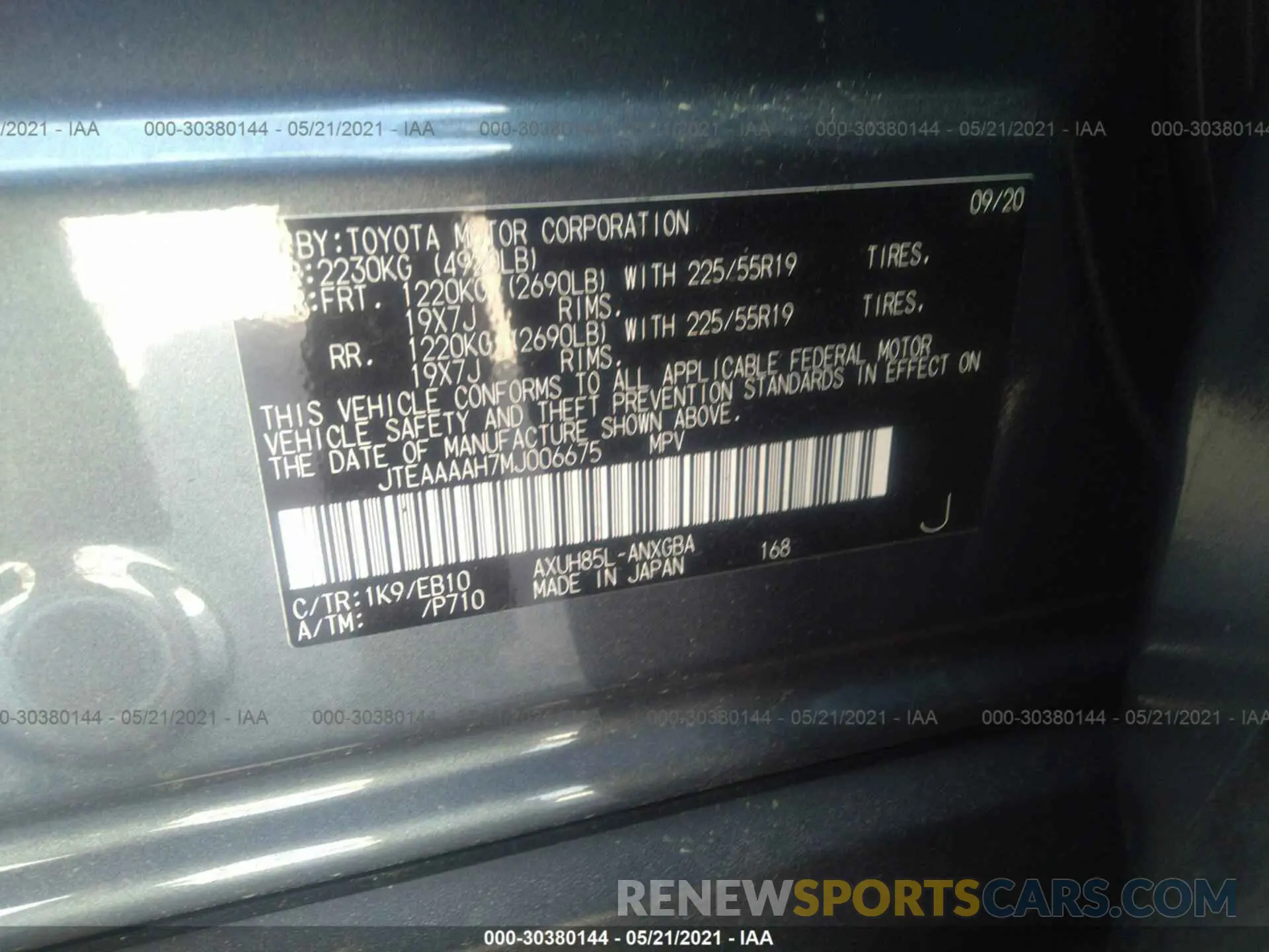 9 Photograph of a damaged car JTEAAAAH7MJ006675 TOYOTA VENZA 2021