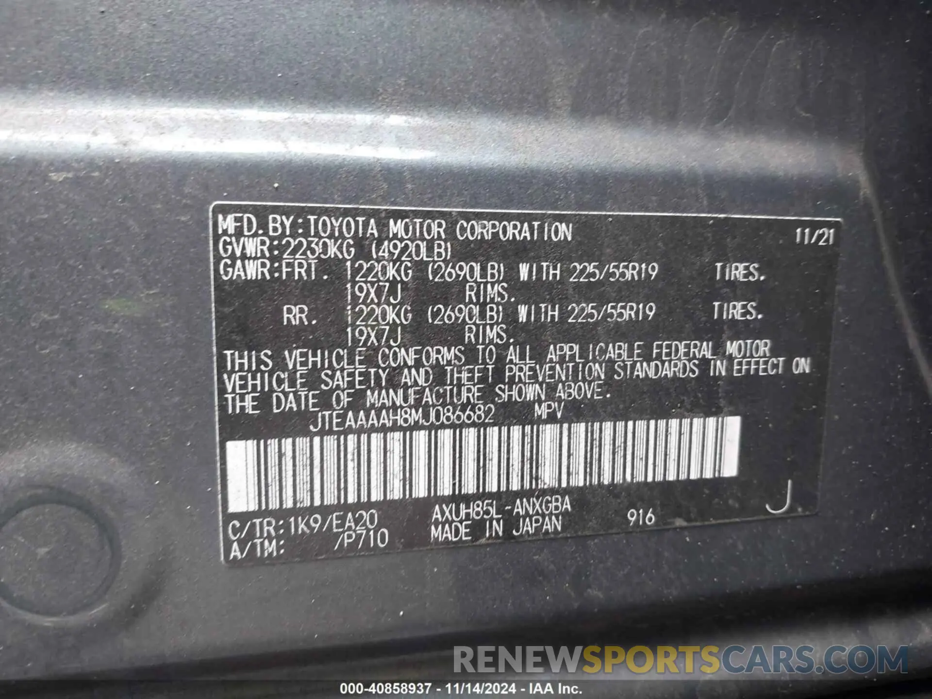 9 Photograph of a damaged car JTEAAAAH8MJ086682 TOYOTA VENZA 2021