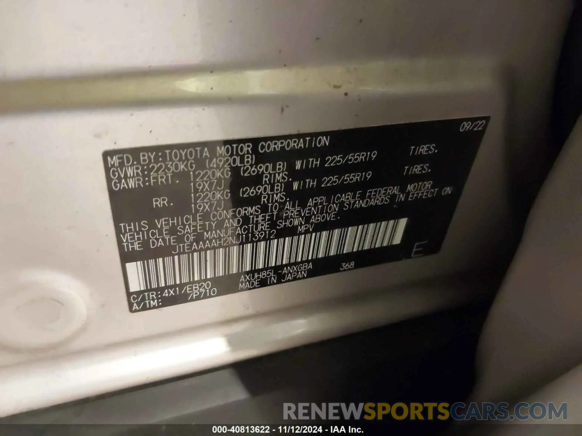 9 Photograph of a damaged car JTEAAAAH2NJ113912 TOYOTA VENZA 2022