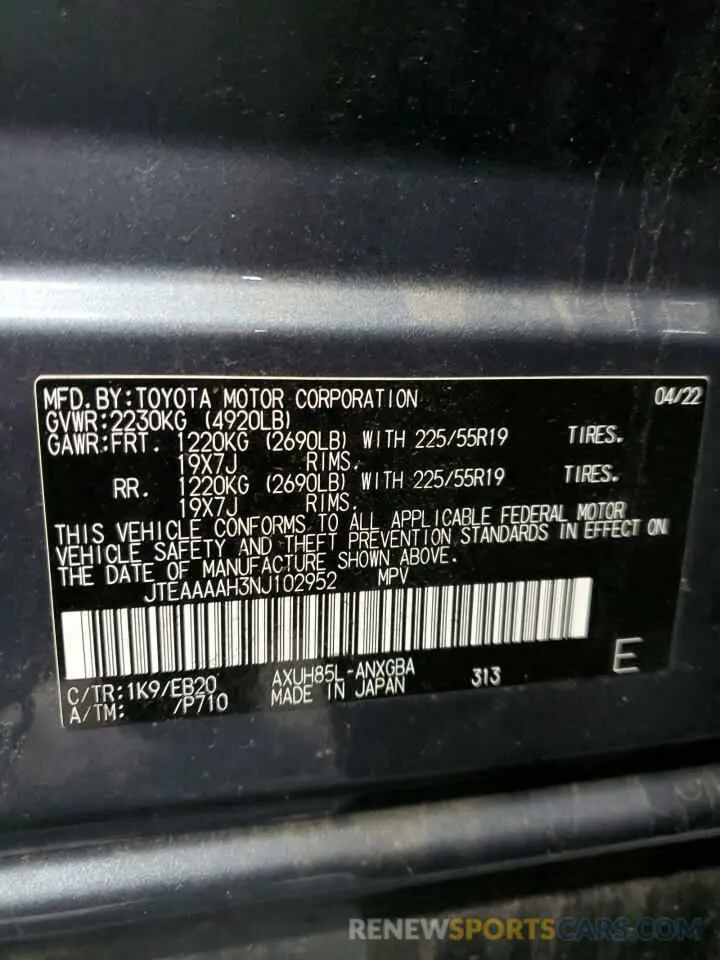 13 Photograph of a damaged car JTEAAAAH3NJ102952 TOYOTA VENZA 2022