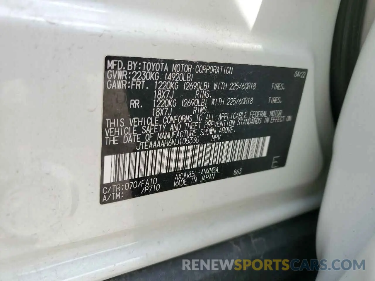 12 Photograph of a damaged car JTEAAAAH6NJ105330 TOYOTA VENZA 2022