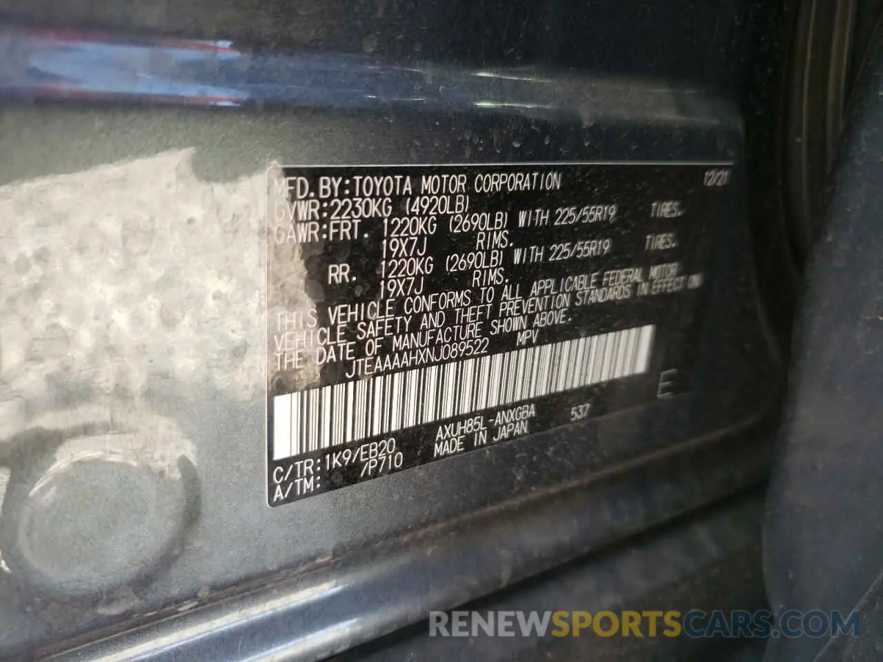 10 Photograph of a damaged car JTEAAAAHXNJ089522 TOYOTA VENZA 2022