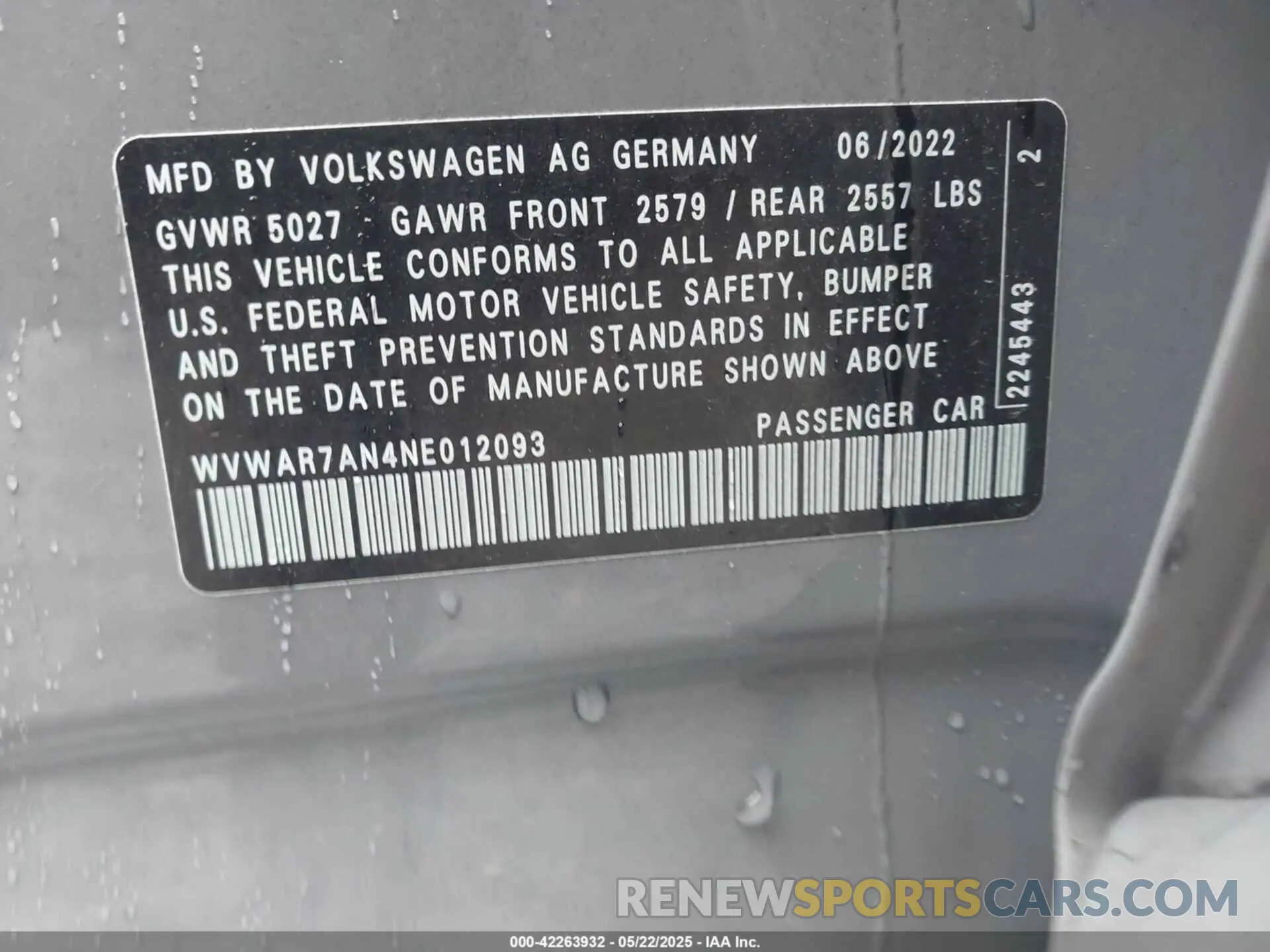 9 Photograph of a damaged car WVWAR7AN4NE012093 VOLKSWAGEN ARTEON 2022
