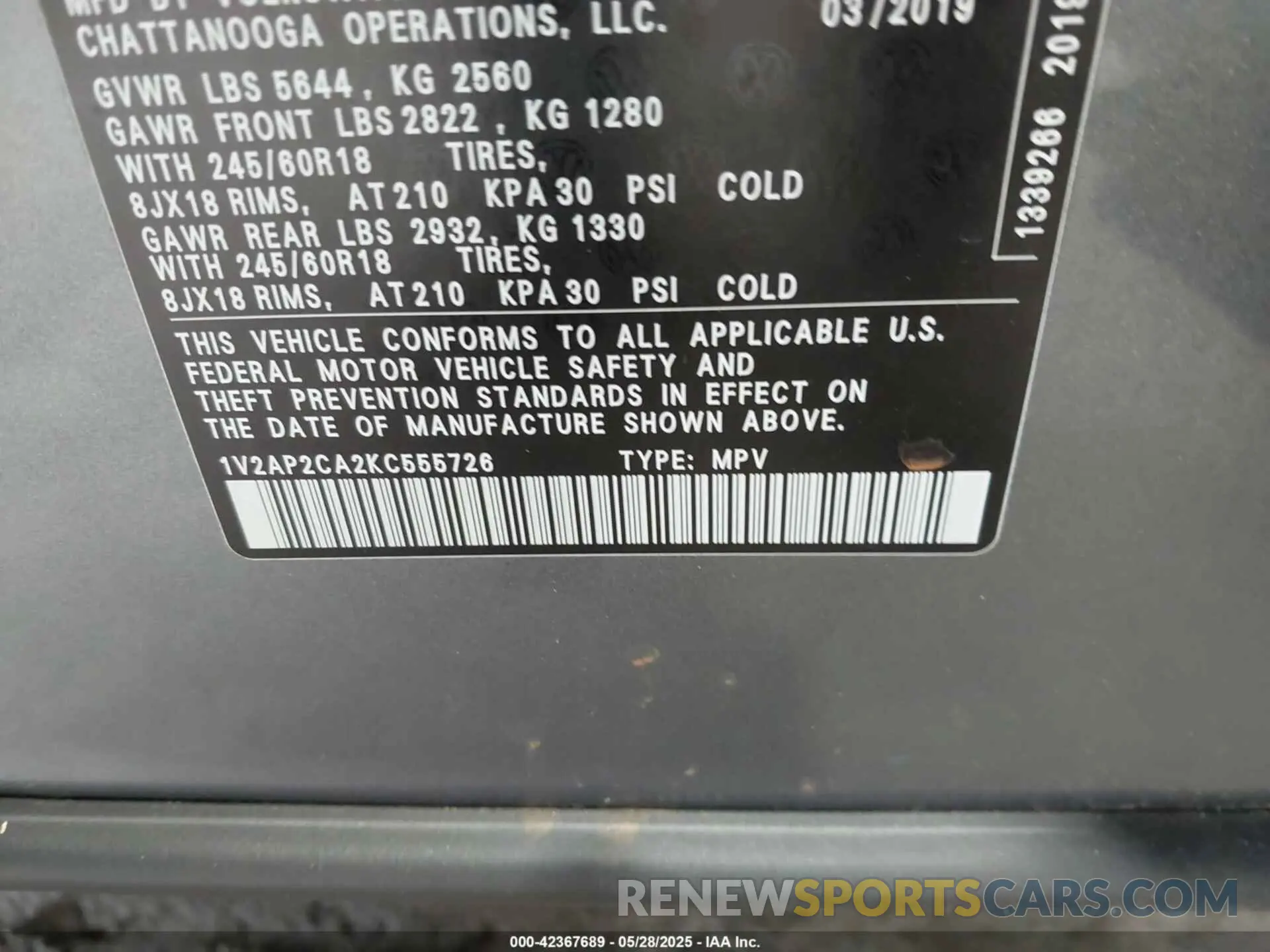 9 Photograph of a damaged car 1V2AP2CA2KC555726 VOLKSWAGEN ATLAS 2019