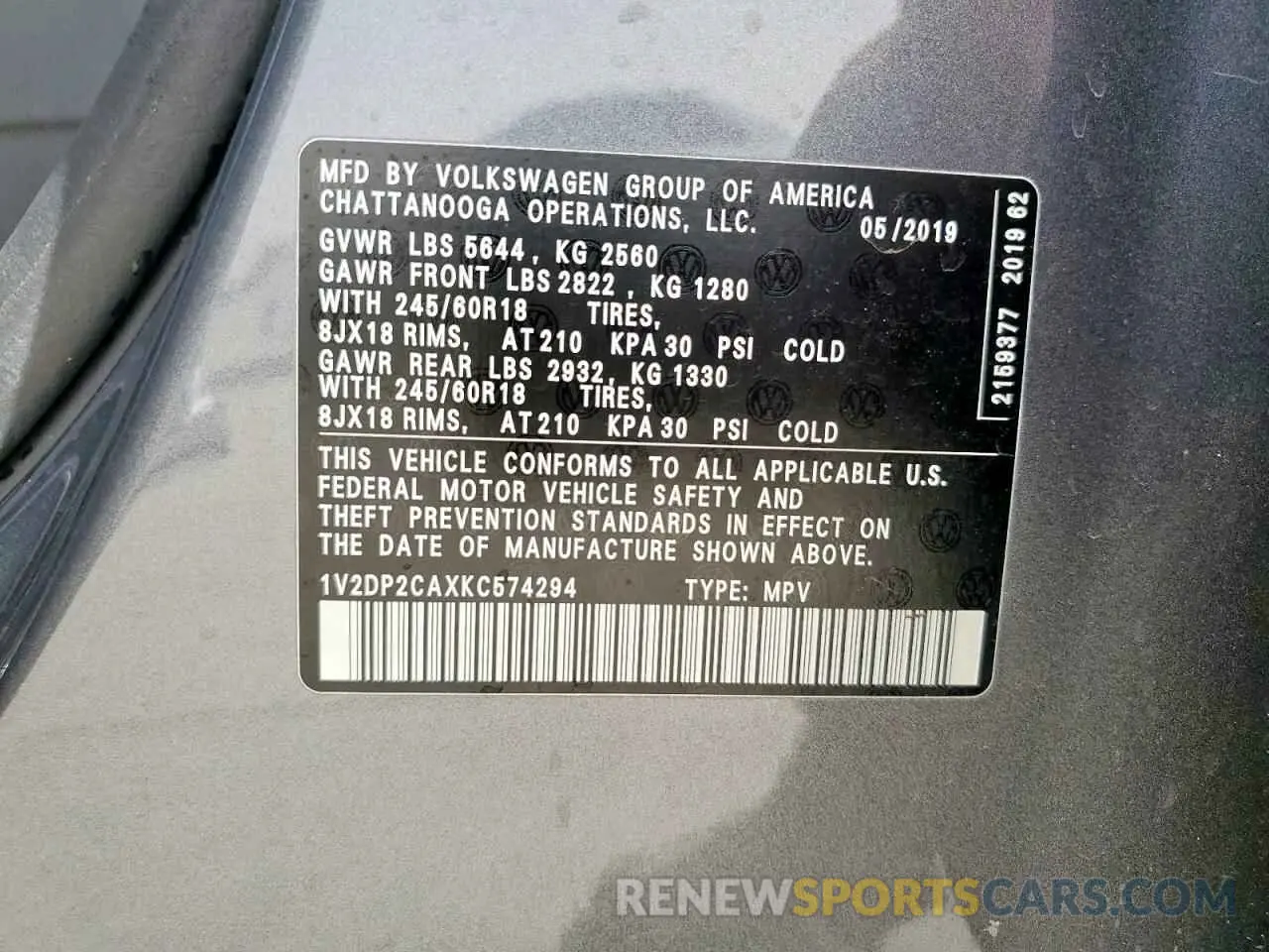 13 Photograph of a damaged car 1V2DP2CAXKC574294 VOLKSWAGEN ATLAS 2019