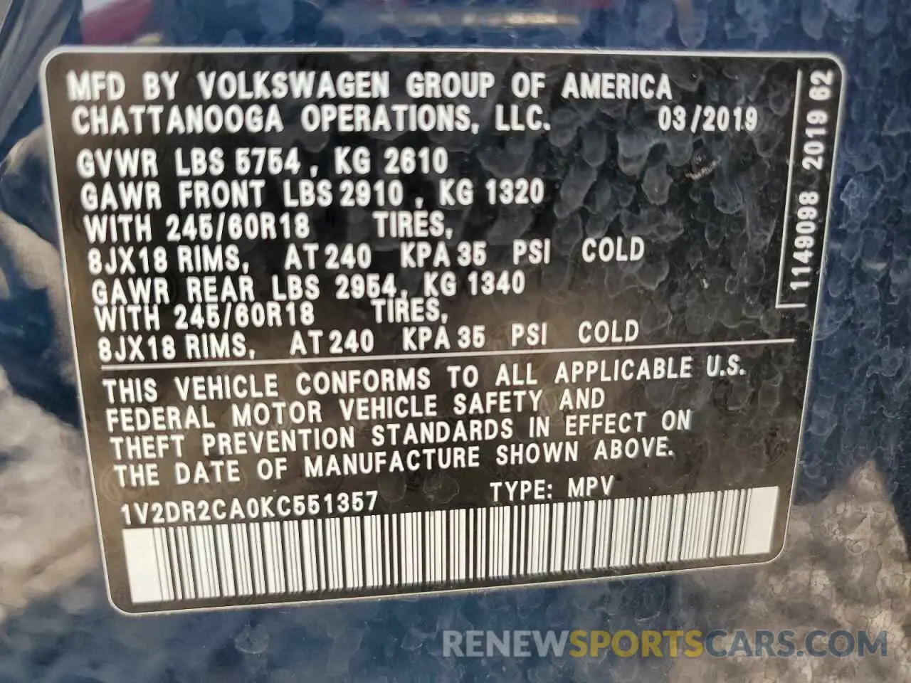 13 Photograph of a damaged car 1V2DR2CA0KC551357 VOLKSWAGEN ATLAS 2019