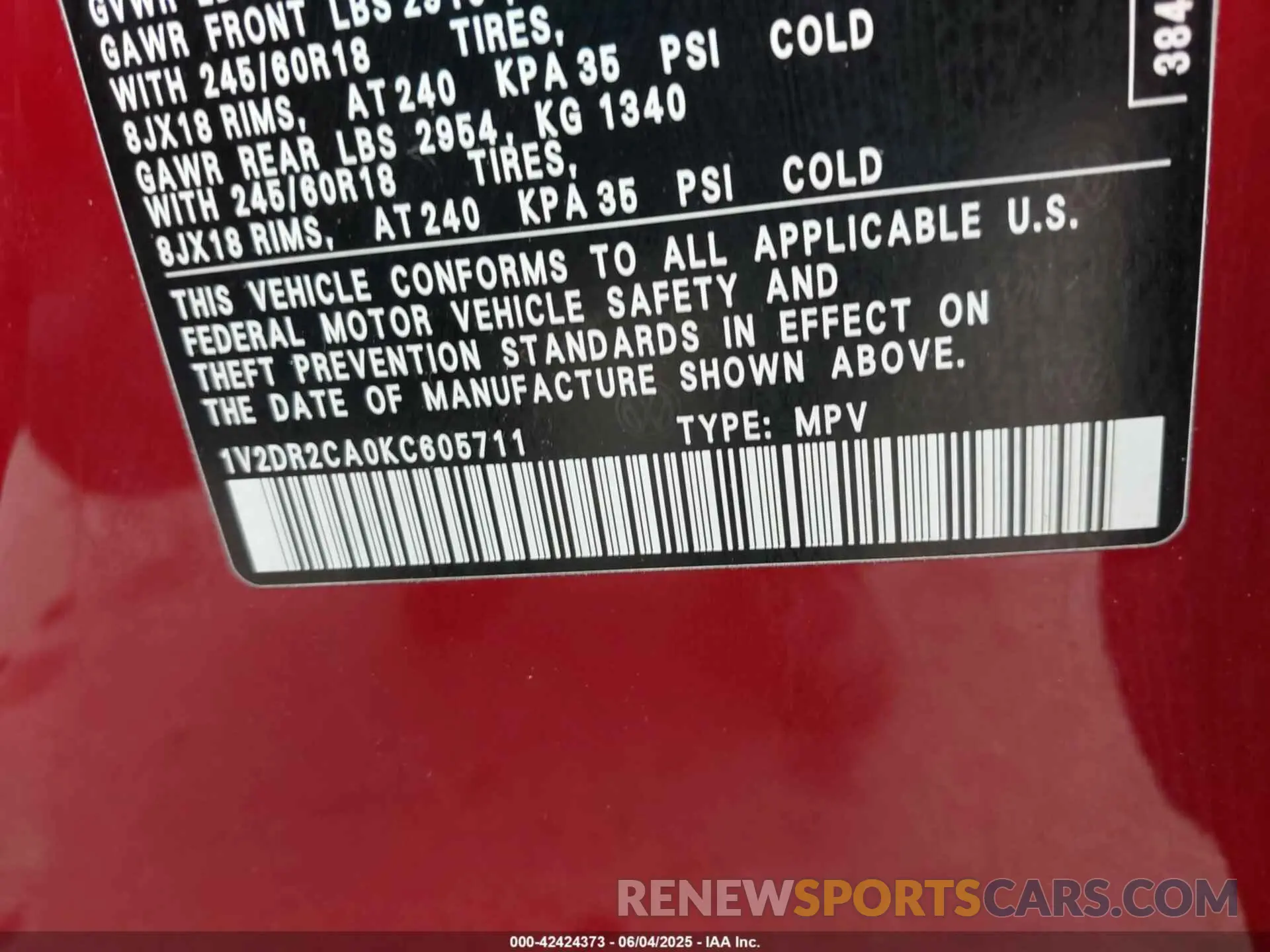 9 Photograph of a damaged car 1V2DR2CA0KC605711 VOLKSWAGEN ATLAS 2019