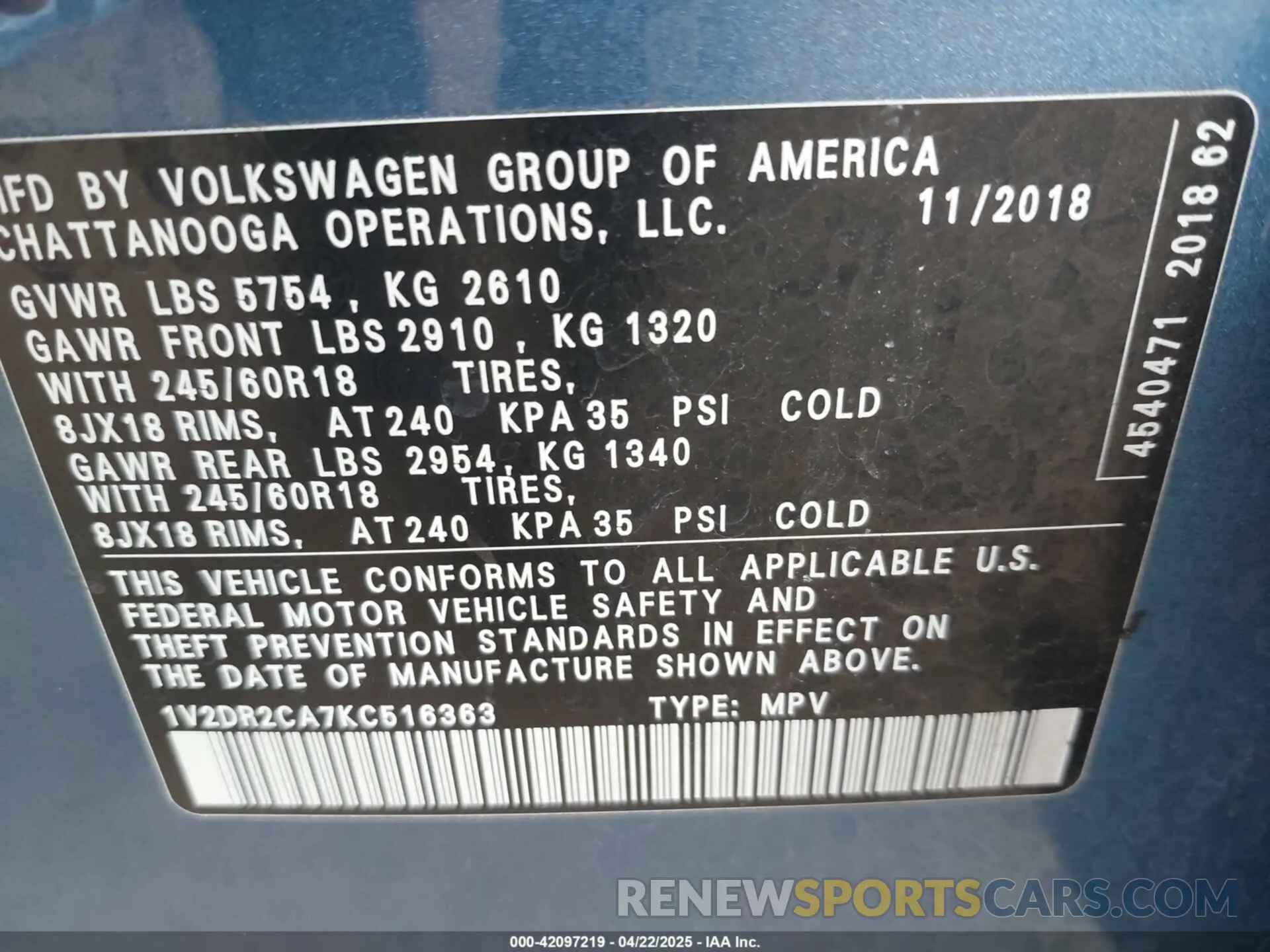 9 Photograph of a damaged car 1V2DR2CA7KC516363 VOLKSWAGEN ATLAS 2019