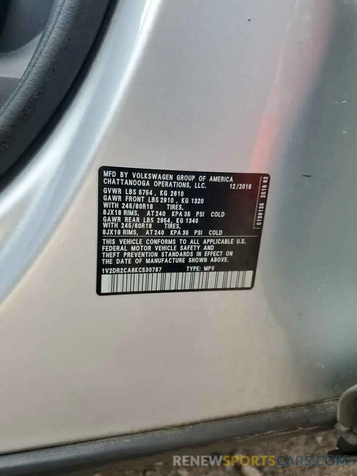 13 Photograph of a damaged car 1V2DR2CA8KC530787 VOLKSWAGEN ATLAS 2019