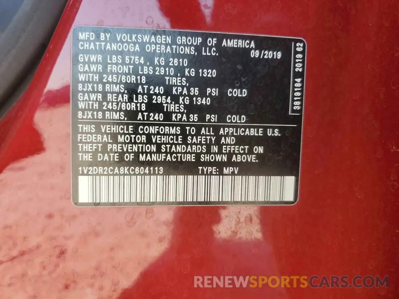 13 Photograph of a damaged car 1V2DR2CA8KC604113 VOLKSWAGEN ATLAS 2019