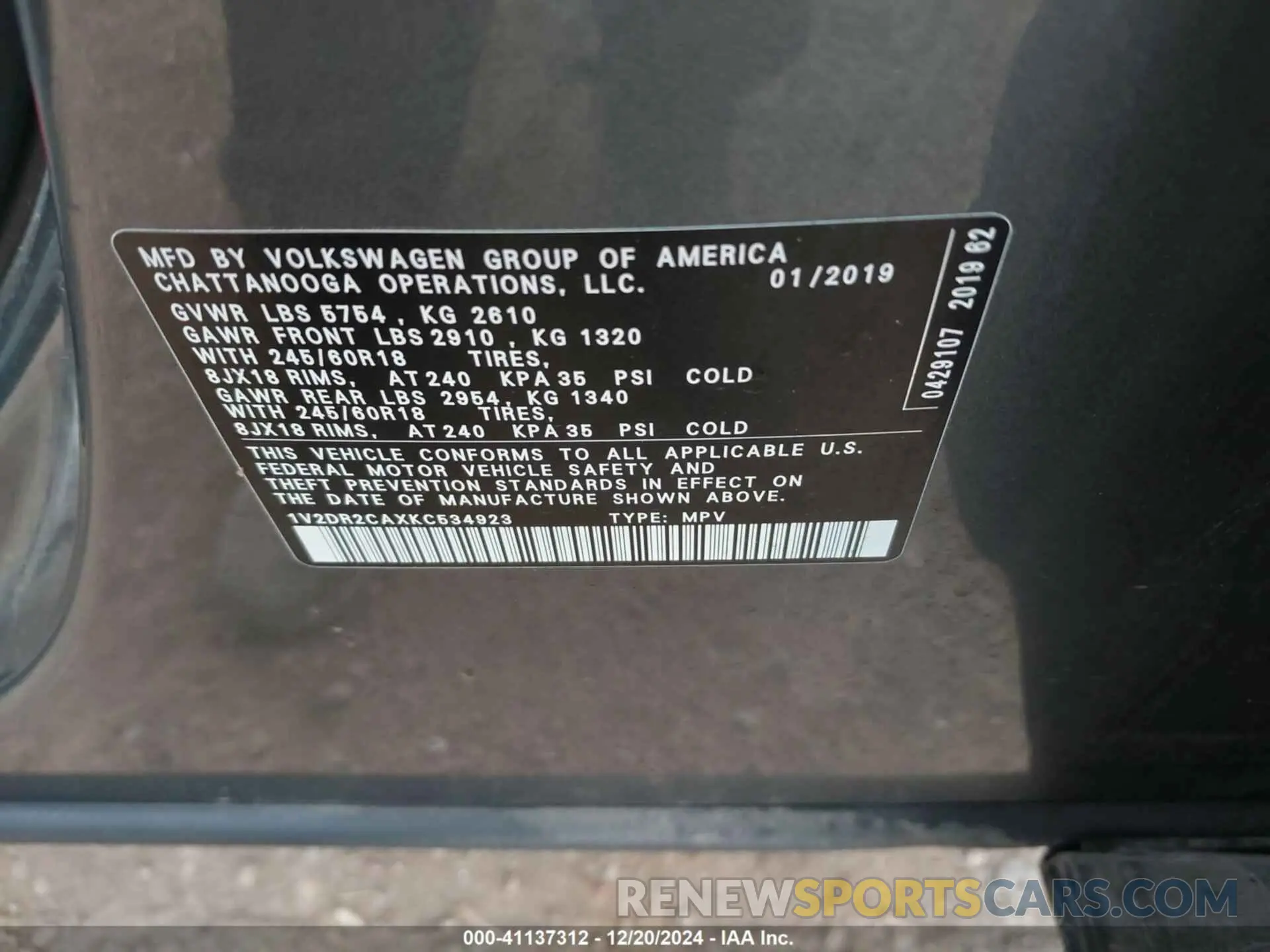9 Photograph of a damaged car 1V2DR2CAXKC534923 VOLKSWAGEN ATLAS 2019
