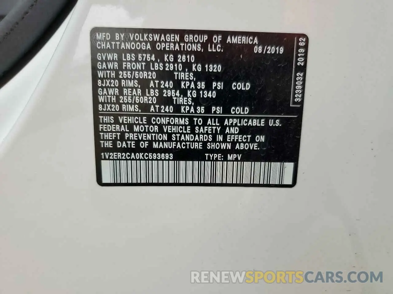 13 Photograph of a damaged car 1V2ER2CA0KC593693 VOLKSWAGEN ATLAS 2019