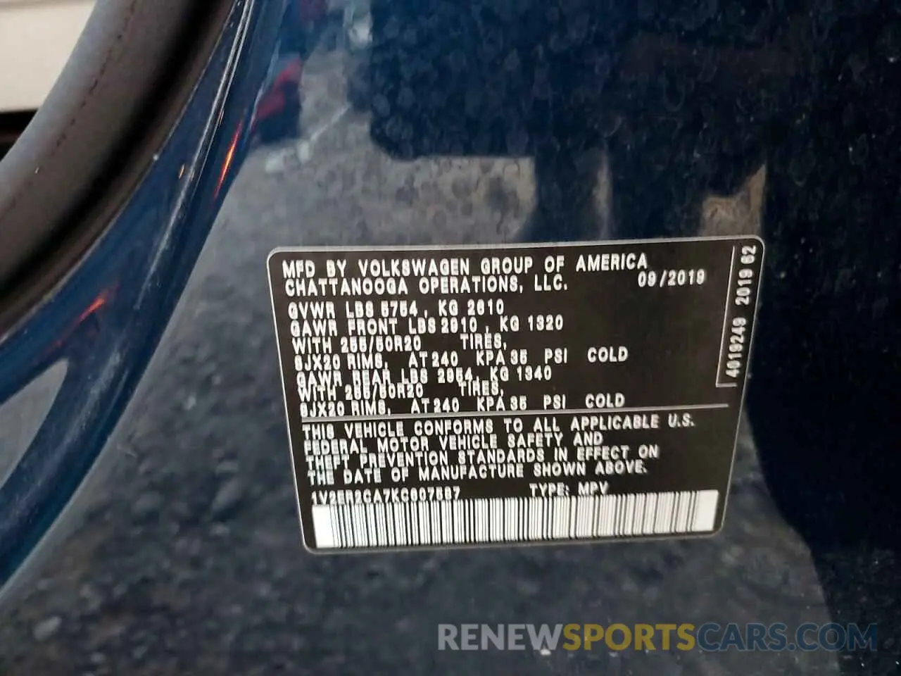 14 Photograph of a damaged car 1V2ER2CA7KC607587 VOLKSWAGEN ATLAS 2019