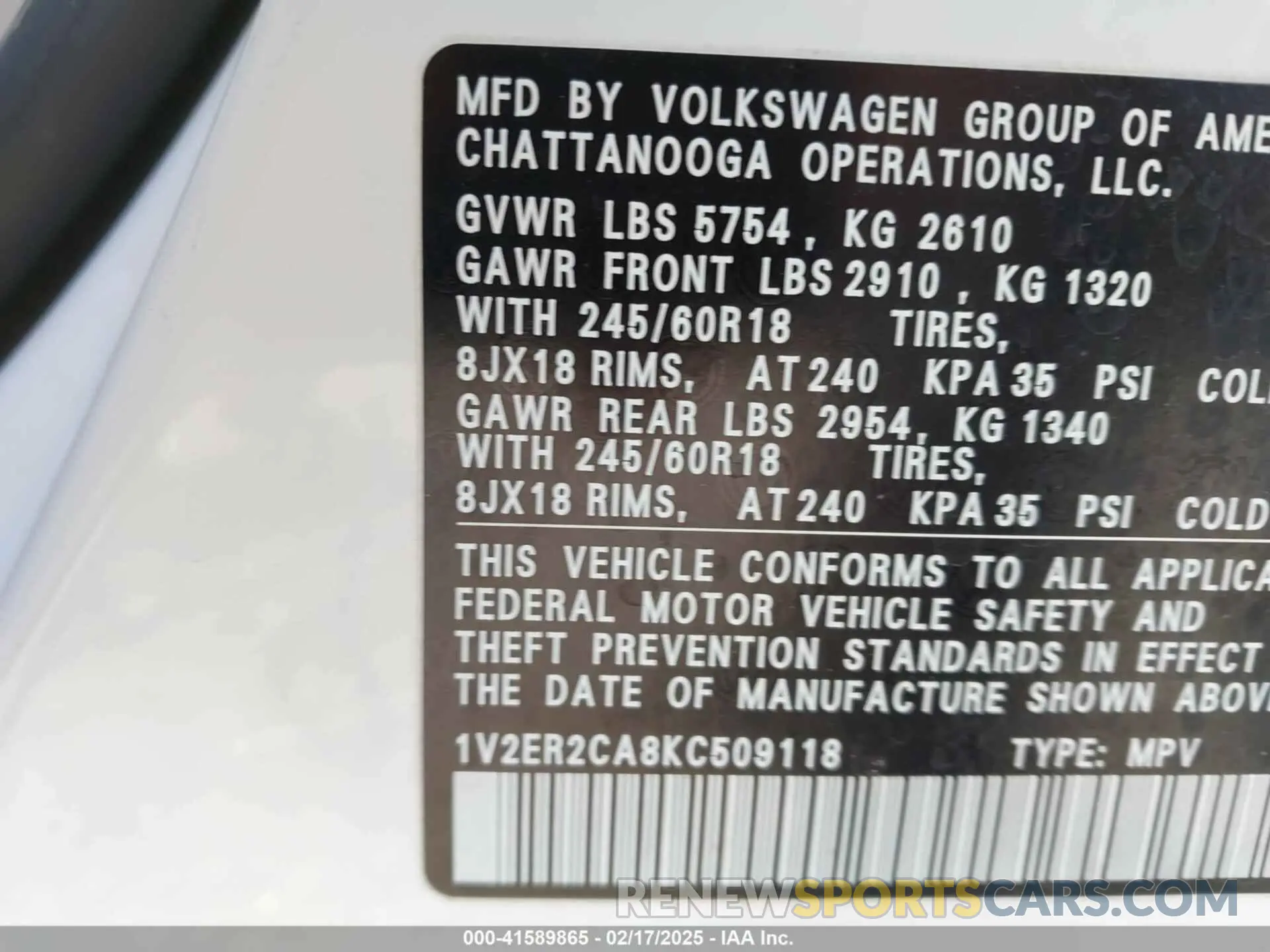 9 Photograph of a damaged car 1V2ER2CA8KC509118 VOLKSWAGEN ATLAS 2019