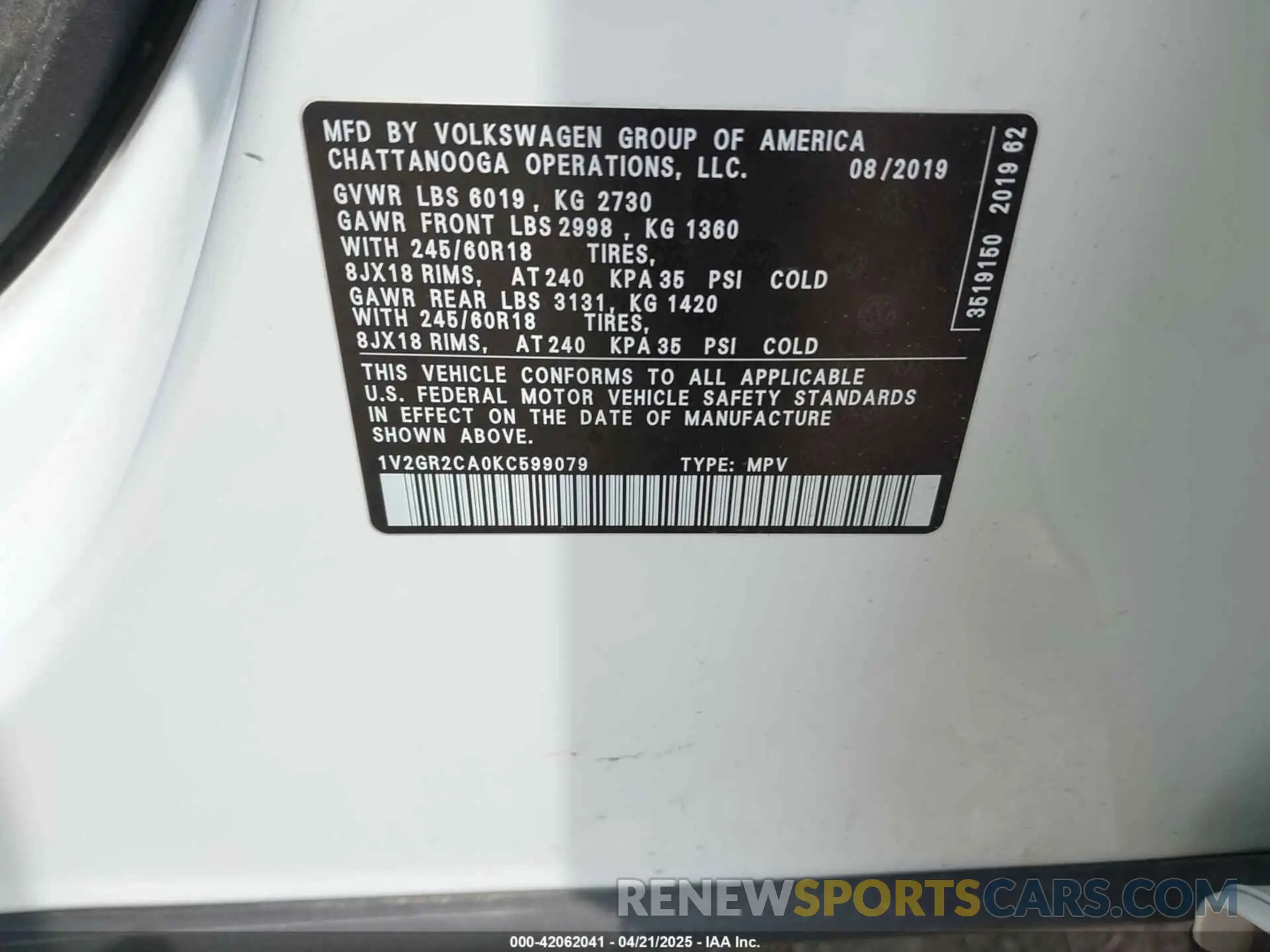 9 Photograph of a damaged car 1V2GR2CA0KC599079 VOLKSWAGEN ATLAS 2019