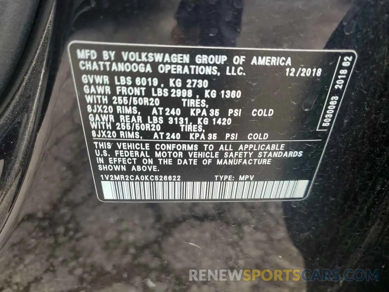 13 Photograph of a damaged car 1V2MR2CA0KC526622 VOLKSWAGEN ATLAS 2019