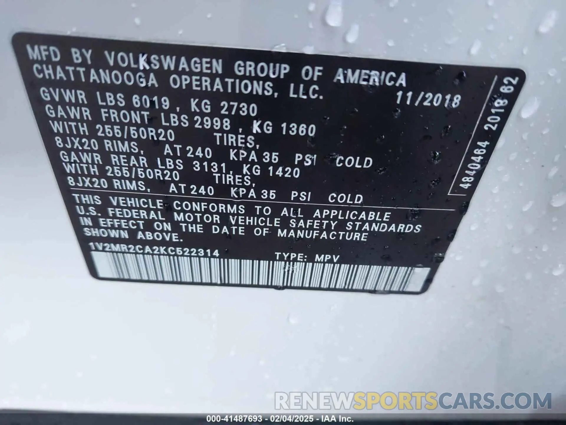 9 Photograph of a damaged car 1V2MR2CA2KC522314 VOLKSWAGEN ATLAS 2019