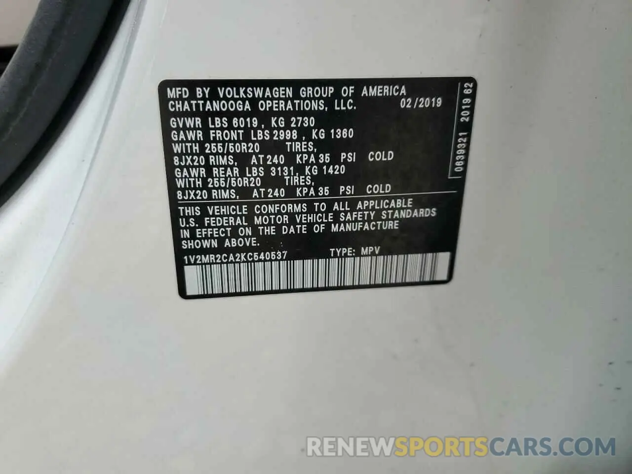 13 Photograph of a damaged car 1V2MR2CA2KC540537 VOLKSWAGEN ATLAS 2019