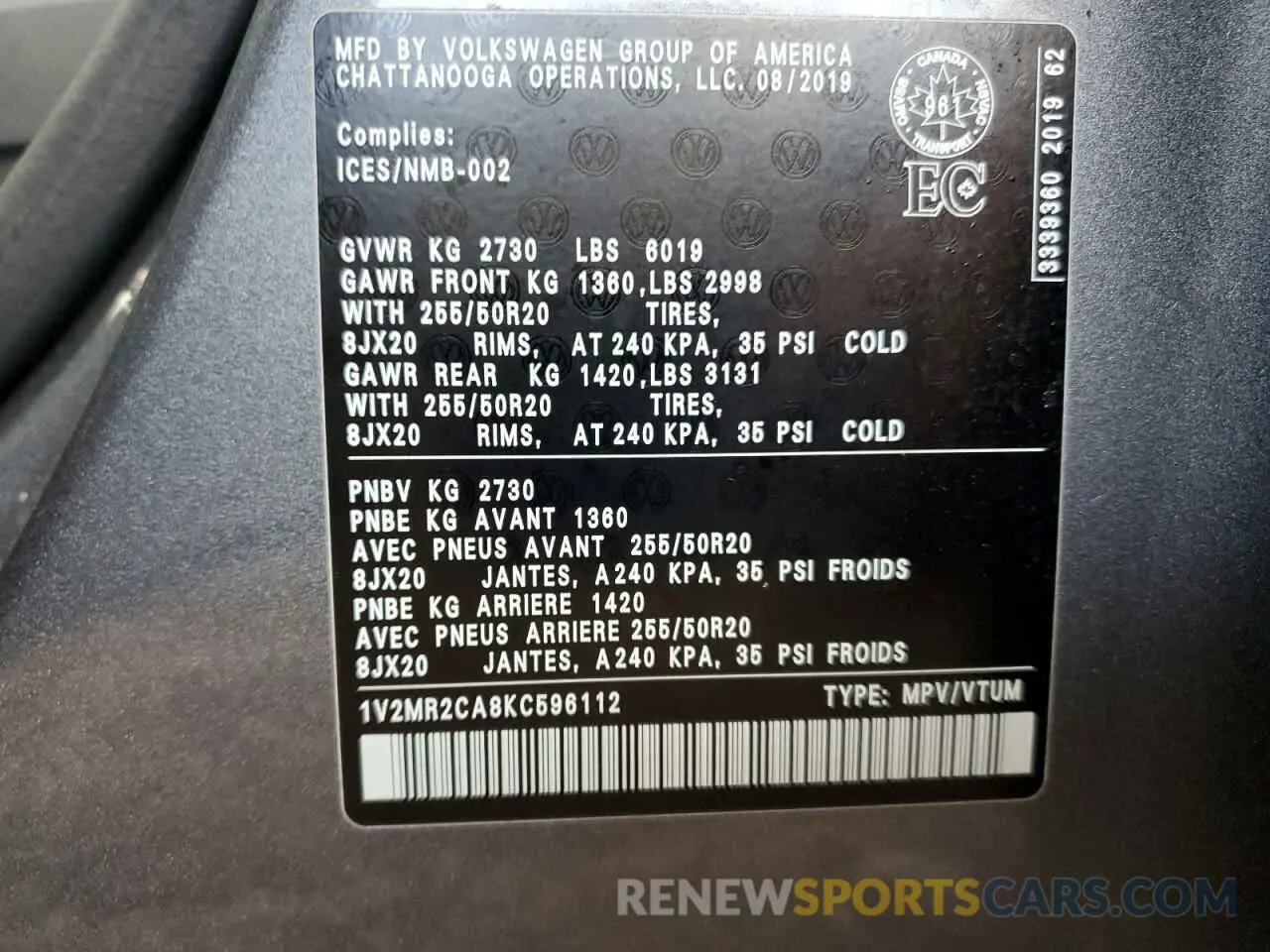 13 Photograph of a damaged car 1V2MR2CA8KC596112 VOLKSWAGEN ATLAS 2019