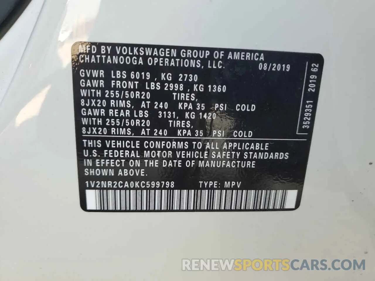 13 Photograph of a damaged car 1V2NR2CA0KC599798 VOLKSWAGEN ATLAS 2019