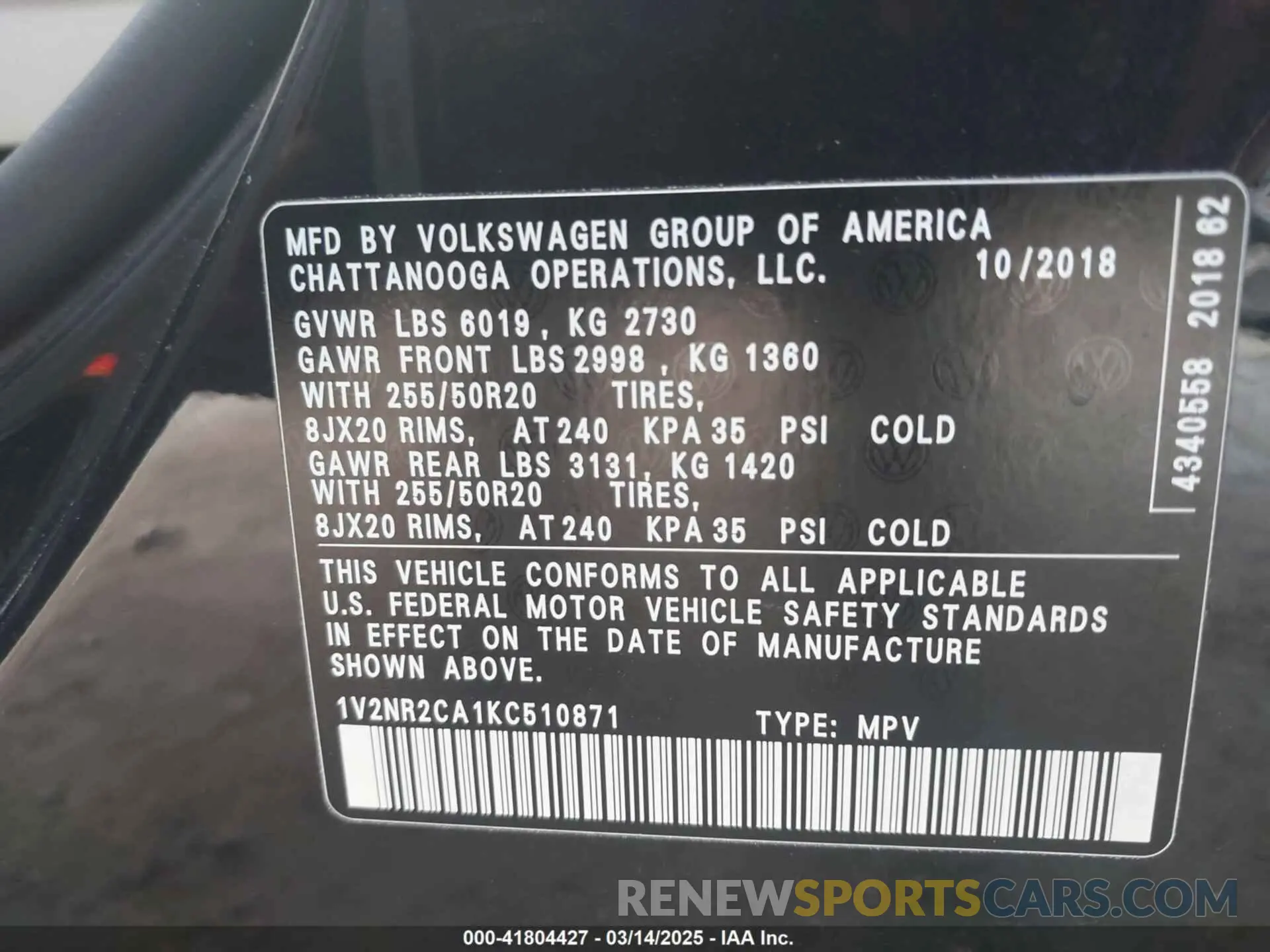 9 Photograph of a damaged car 1V2NR2CA1KC510871 VOLKSWAGEN ATLAS 2019