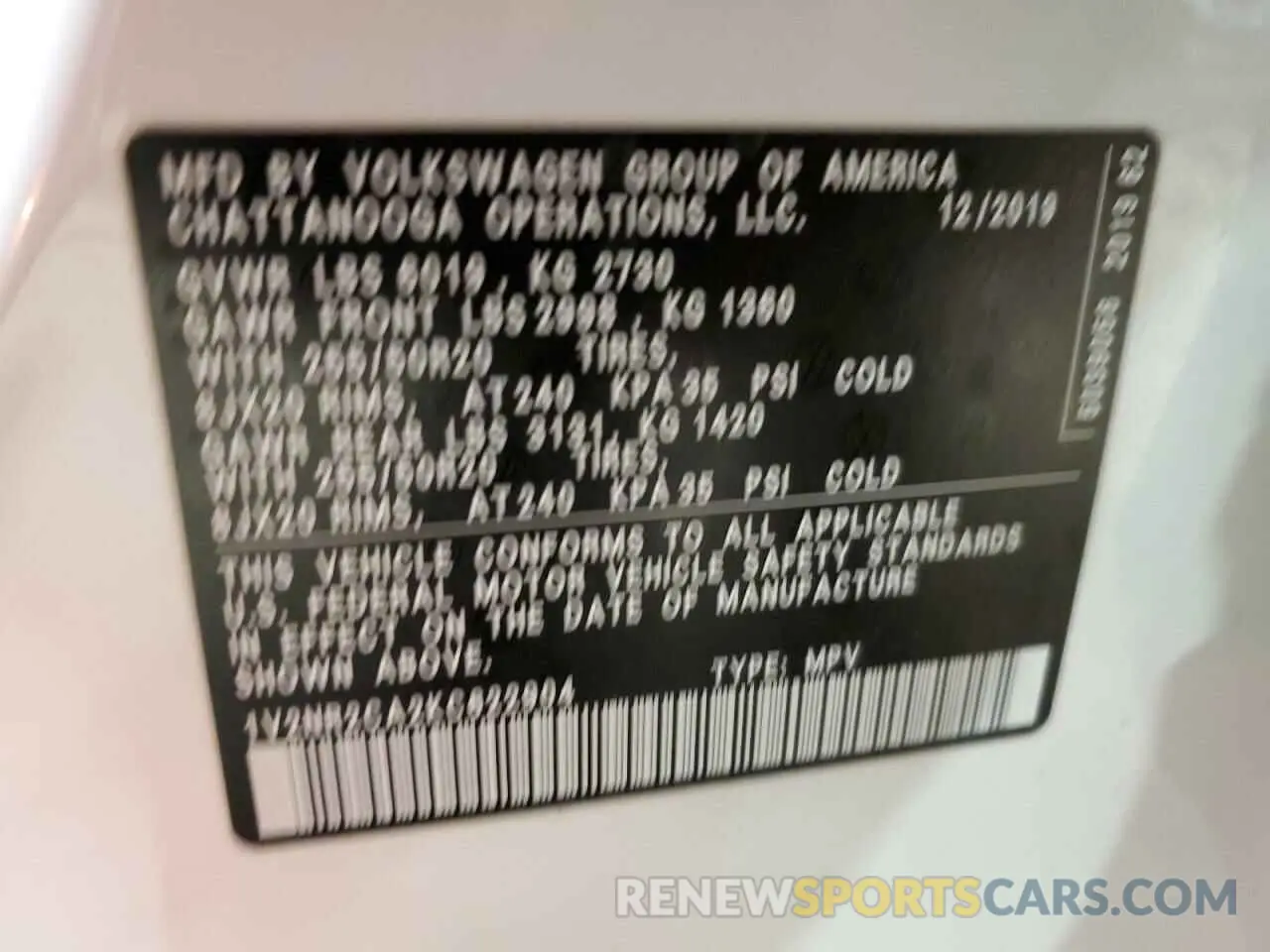 12 Photograph of a damaged car 1V2NR2CA2KC622904 VOLKSWAGEN ATLAS 2019